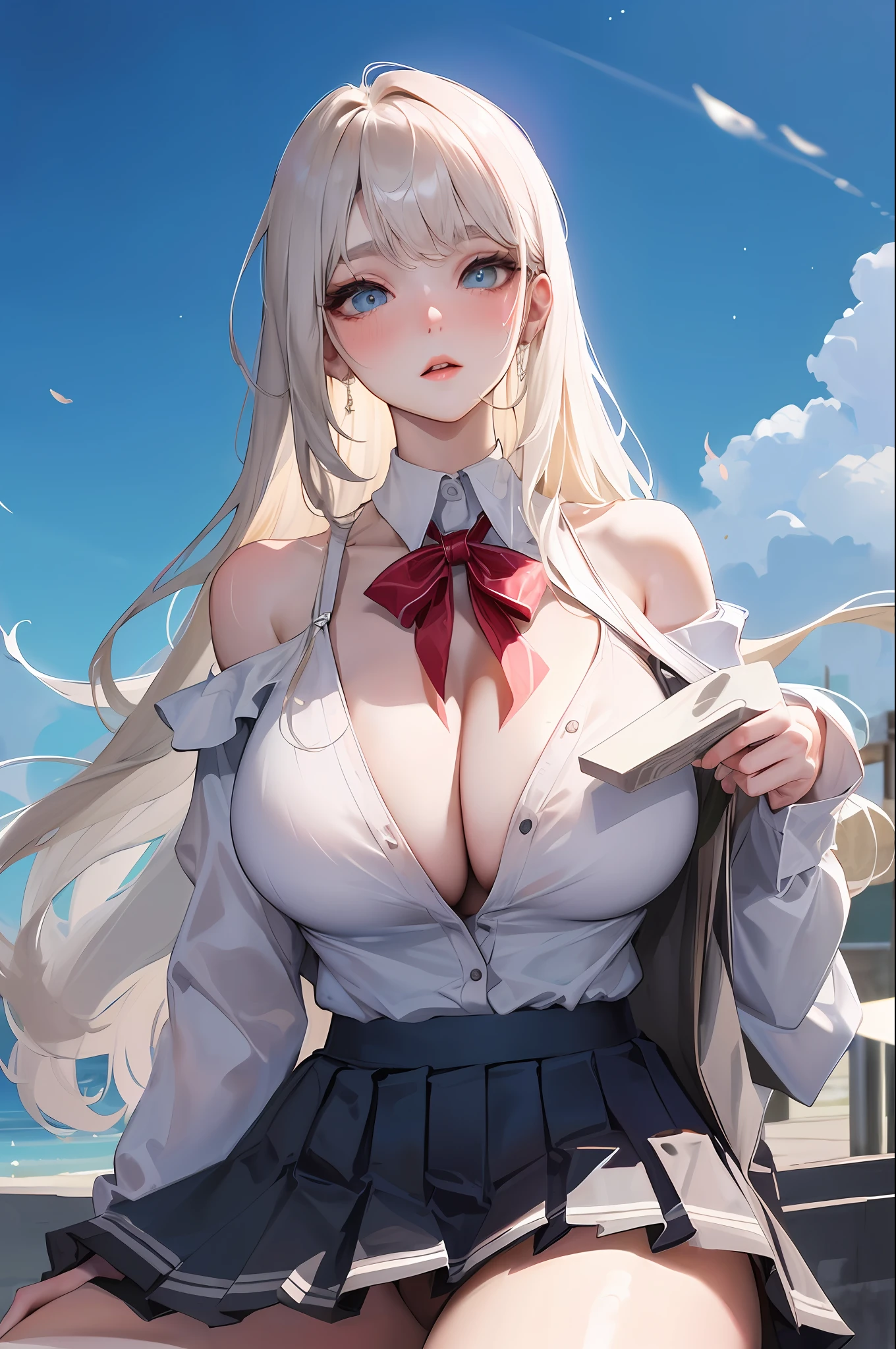 official art, masterpiece, sharp focus, (beautiful gorgeous cute Korean woman:1.3), (beautiful cute korean:1.3), korean beauty, Delicate and beautiful hair and eyes and face, realistic, ultra detailed, beautiful girl, blue sky, glow white particle, (sidelighting:1.2), slender, Lovely, very huge breasts and wide hips, massive breasts, pink blush on breasts, ((shy and aroused)), scenery, long straight hair, sexy facial expression, dynamic hair, long straight hair, detailed platinum blond hair, glow blue eyes, (grey pleated skirt+white off shoulder blouse), pale skin, at school