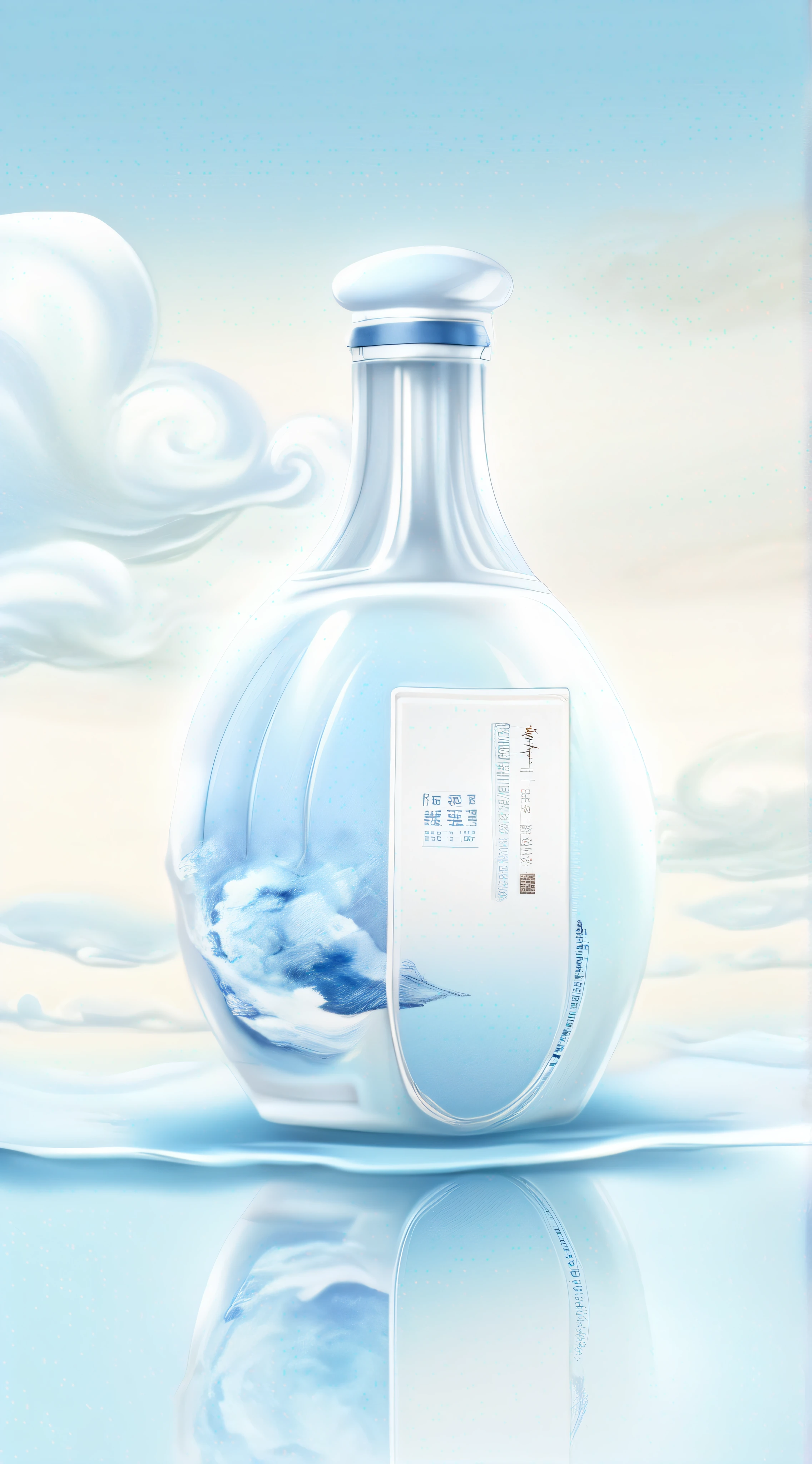 Cosmetics Simple" cover with a bottle of cream pictures from different angles, Chinese watercolor light sky blue and white style, fluid mix, surrealism, weathercore, installation oased, magewave