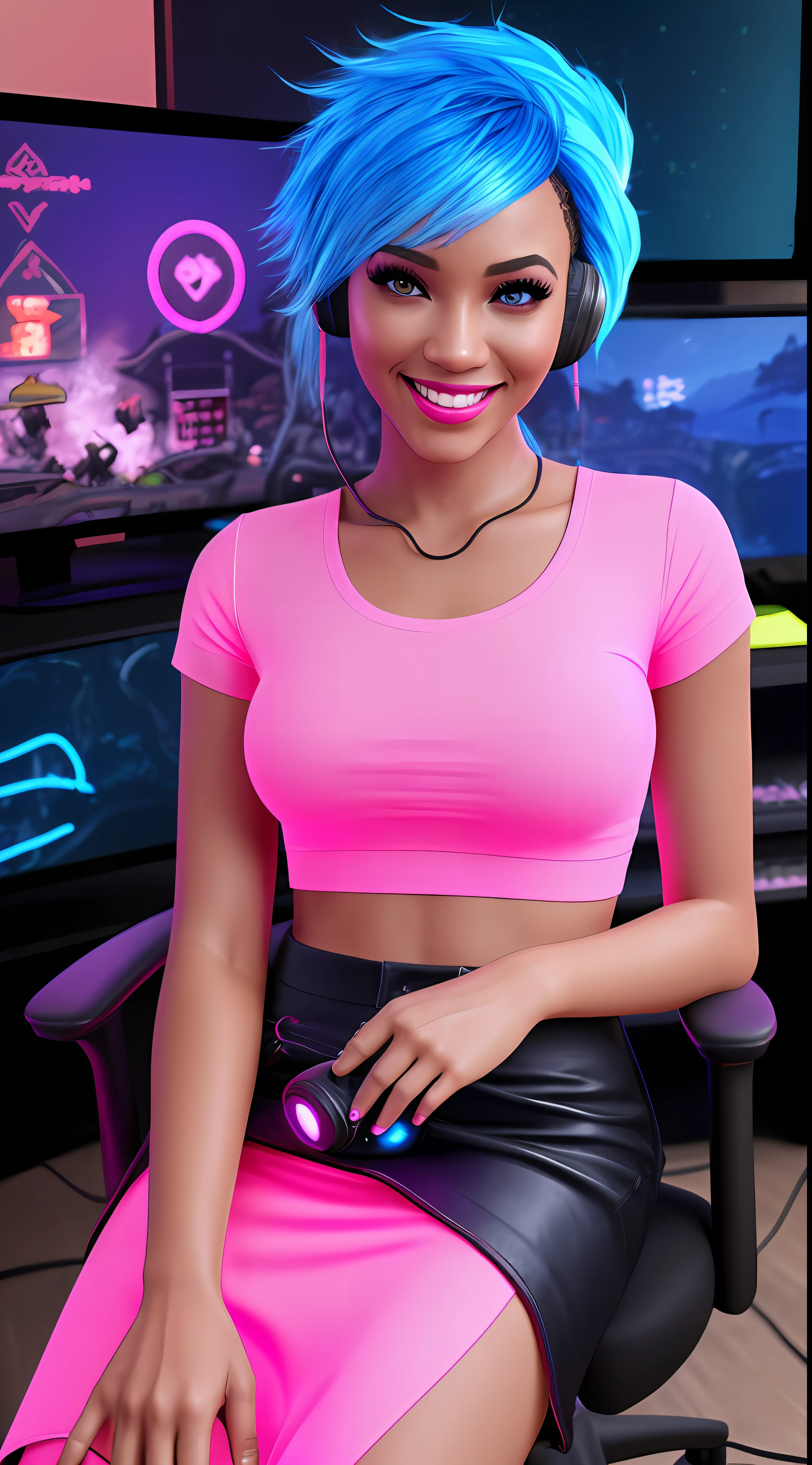best quality, ultra high resolution, (photorealistic:1.4), (neon light pink and blue), beautiful face, natural makeup, (PureErosFace_V1:0.8), | 1 African American woman, casual cloth, skirt, intricate design, earphone, blue hair, double tail hair, | sitting in gaming chair, back of games room, streamer, player, pc for games, (smile)