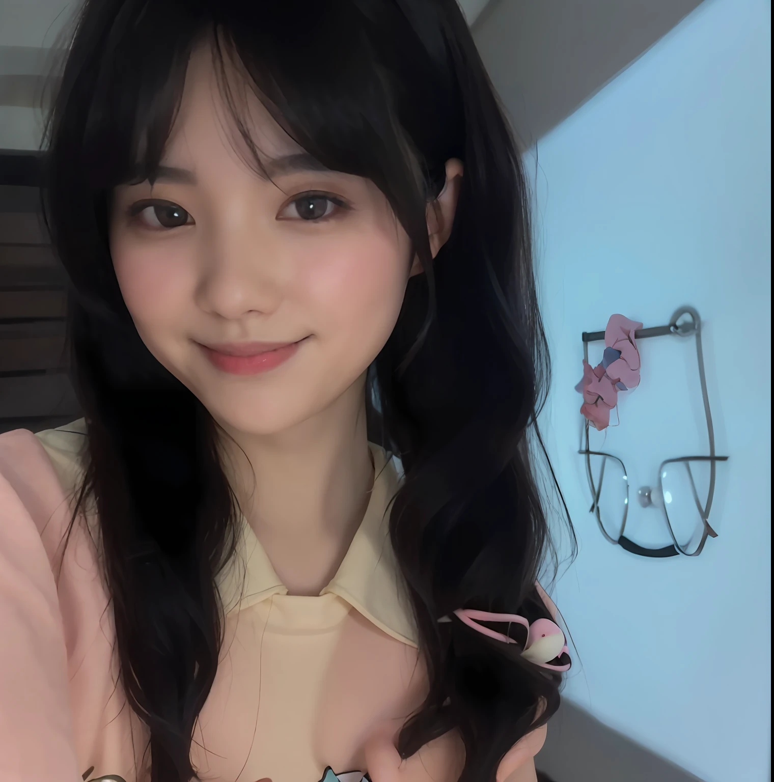 araffe girl with long black hair and a pink shirt, very beautiful cute catgirl, ruan cute vtuber, she has a cute face, slight cute smile, 8k selfie photograph, xintong chen, with cute - fine - face, she has a cute expressive face, ulzzang, she has black hair with bangs, the hime cut