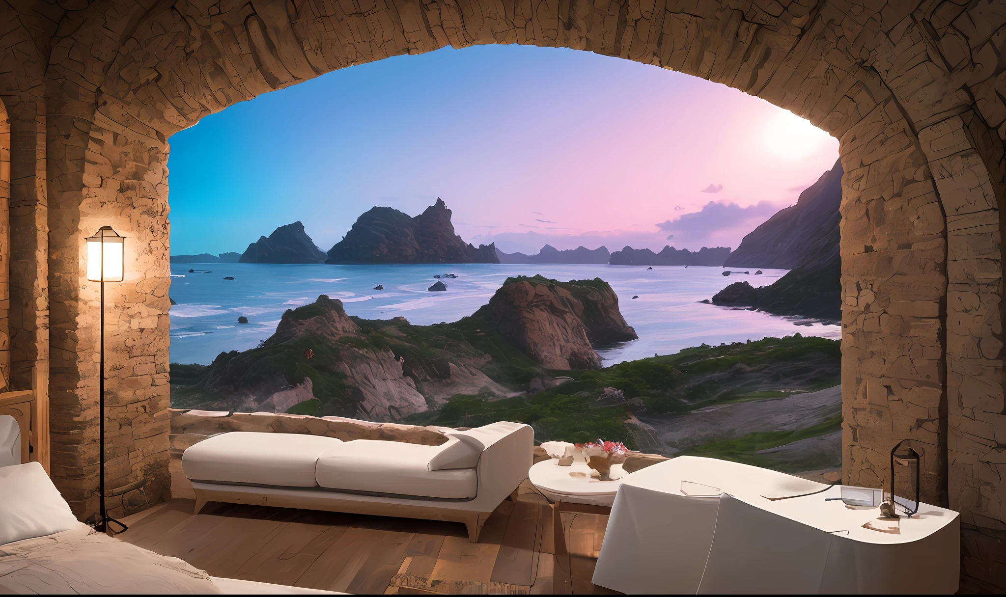 Vast landscape photography, (sea view), BREAK Production Art, (warm light source: 1.2), lamps, intricate details, volume lighting BREAK (masterpiece: 1.2), (highest quality), 4k, ultra detailed, (dynamic composition: 1.4), highly detailed and colorful details (iridescent: 1.2), (sparkling lighting, atmospheric lighting), dreamy, magical, (solo: 1.2), airiness,