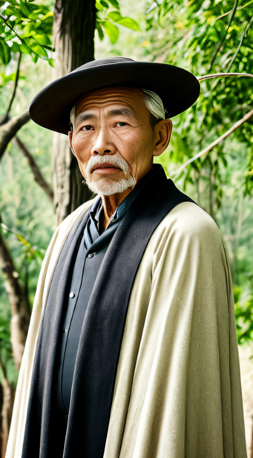 Portrait photography style, world masterpiece, super unique high professional digital art, film format, hyper-realism, color cinematography with ultra-fine details and quality, background is deep in the forest, an old man in rural China, an old man with wisdom. He wears an old cloak and his eyes are kind and shrewd. He was looking forward, his skin had been blackened and powerful by the sun and rain, and the wrinkles were fixed on the corners of his mouth and forehead, making it seem that his years had precipitated. Although wearing a dark gown, although simple in appearance, it exudes sublime wisdom and a sense of tenacity of strength.