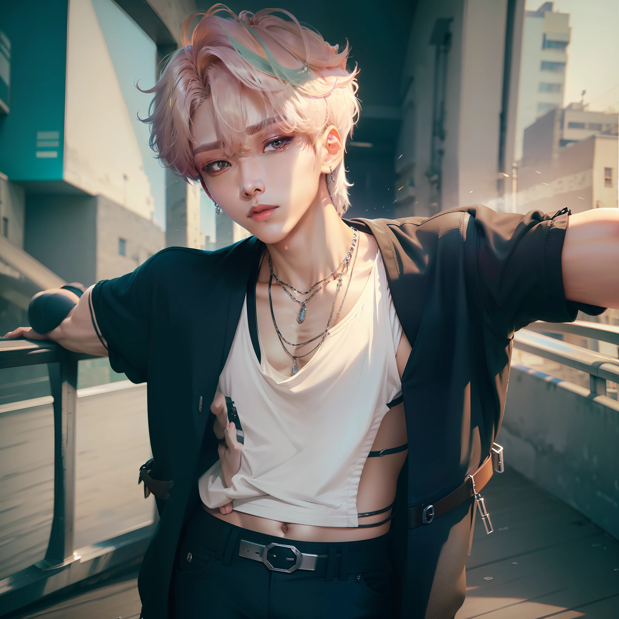 Adult Korean man in his 50s inspired by Hwang Hyun Jin, handsome face and perfect face in his 50s with crisp eyes, properly drawn eyes, selfie in Han River, 1boy, straykids, K-pop idol, adult, best quality, fashionable Korean fashion with short sleeve long pants, staring at this, dull pose, tall, style outstanding, ( Realistic), dim lighting