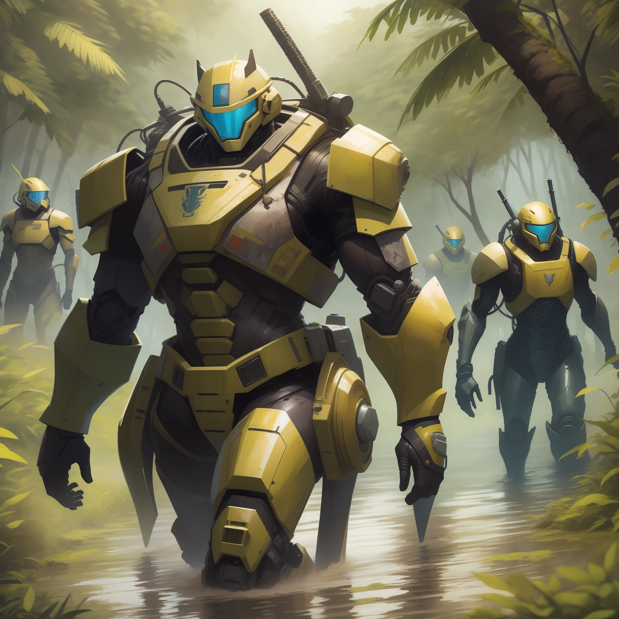 Three six-legged walking tanks march through the muddy wetlands of the jungle, and two powered suits as vanguards lead the battle.