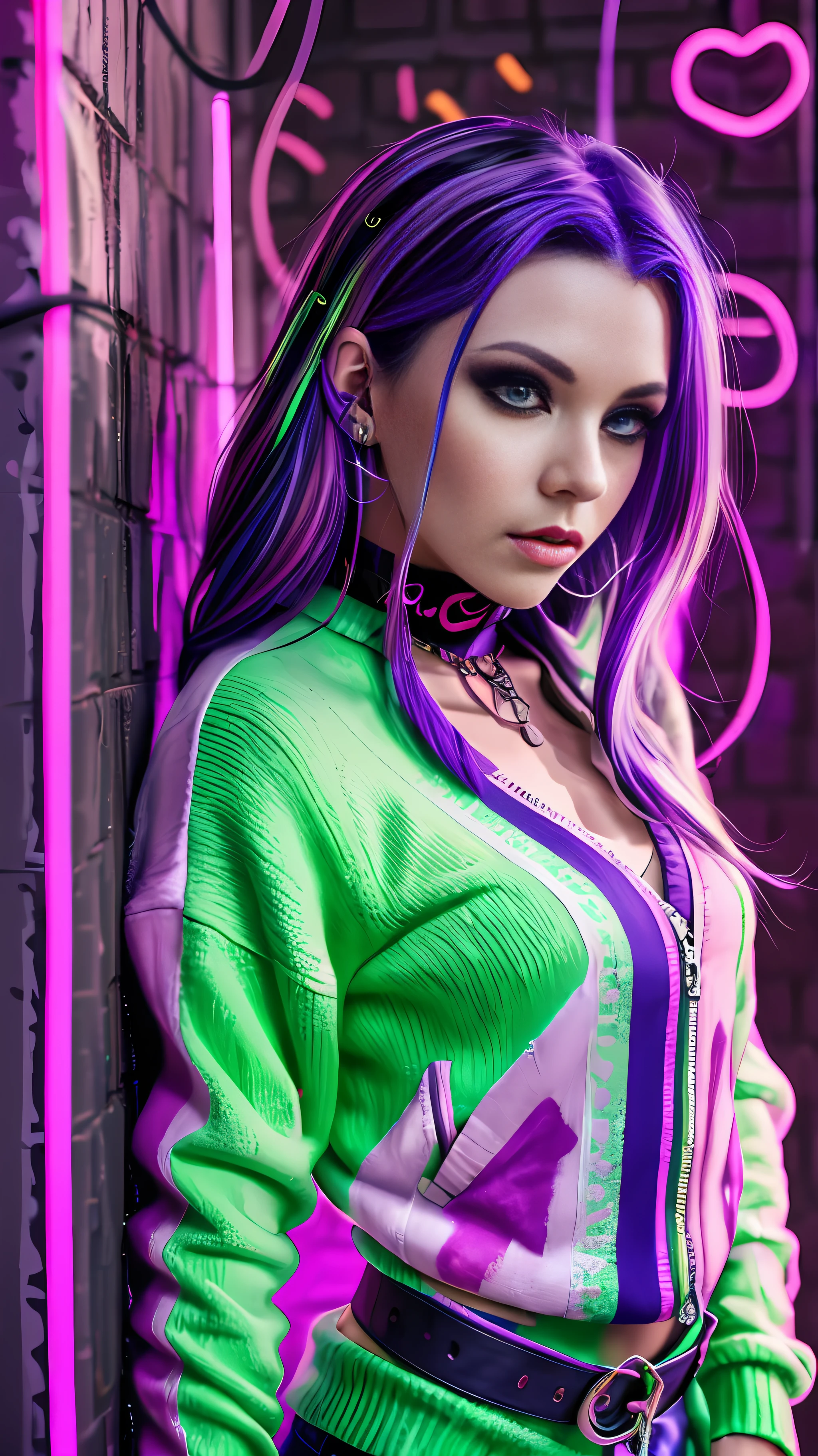 Neon image (masterpiece, best quality, 1girl, solo, intricate details, chromatic aberration), realistic, ((medium breath)), long hair, purple hair, purple head ornament, purple highlights, hair over one eye, green eyes, sharp eyes, choker, neon shirt, torn legwear, open jacket, turtleneck sweater, against wall, brick wall, graffiti, dim lighting, alley, look at the viewer,  neon background