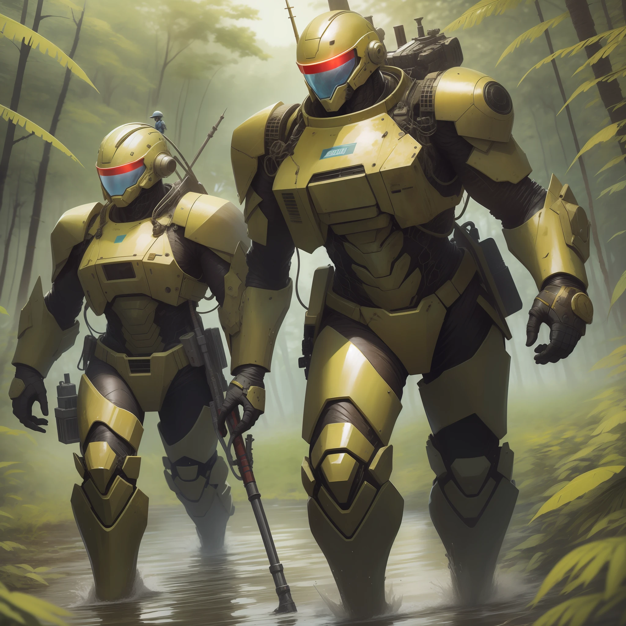 Three six-legged walking tanks march through the muddy wetlands of the jungle, and two powered suits as vanguards lead the battle.