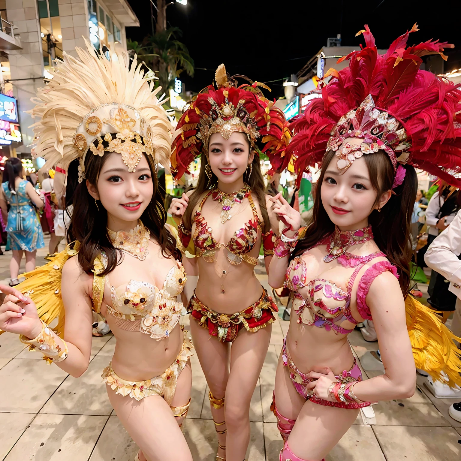 (8k, RAW photos, best quality, masterpiece, : 1.2), (realistic, photorealistic: 1.3), (3girls: 1.3)), (samba dance dress: 1.3), beautiful Japan girl of , woman in carnival, good hands, head: 1.3, (Hasselblad photo)), colorful, bright colors, fine skin, Cute, Smile, Sweat, Sharp Focus, (Movie Lighting), Soft Lighting, [:( Detail Face: 1.2): 0.2], Medium Breasts, Ultra High Resolution, Physically Based Rendering, Cinematic Lighting, Dynamic Angle