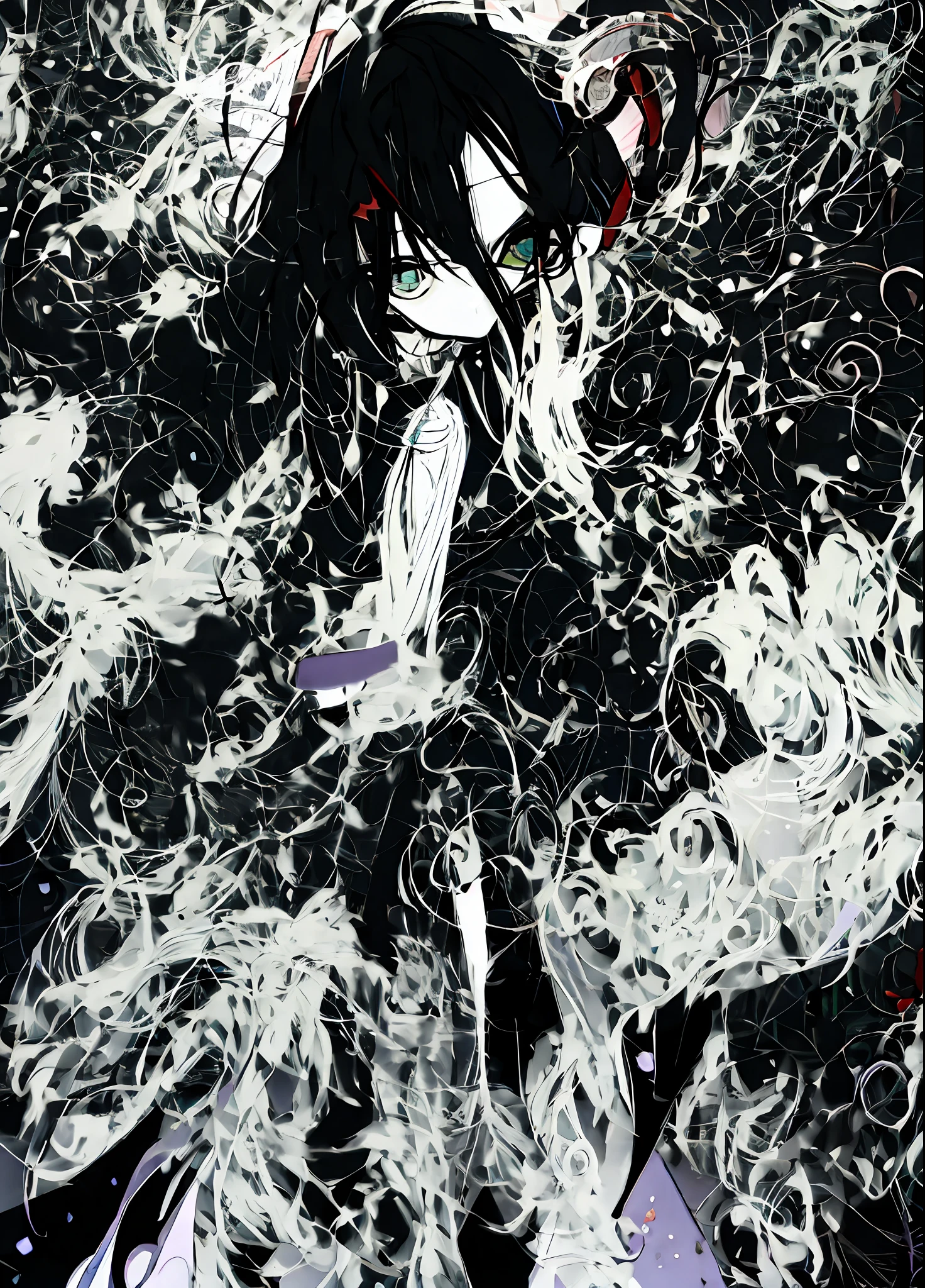Abstract, a girl with black hair, holding a pistol with a pistol pointed to her head with a sad expression