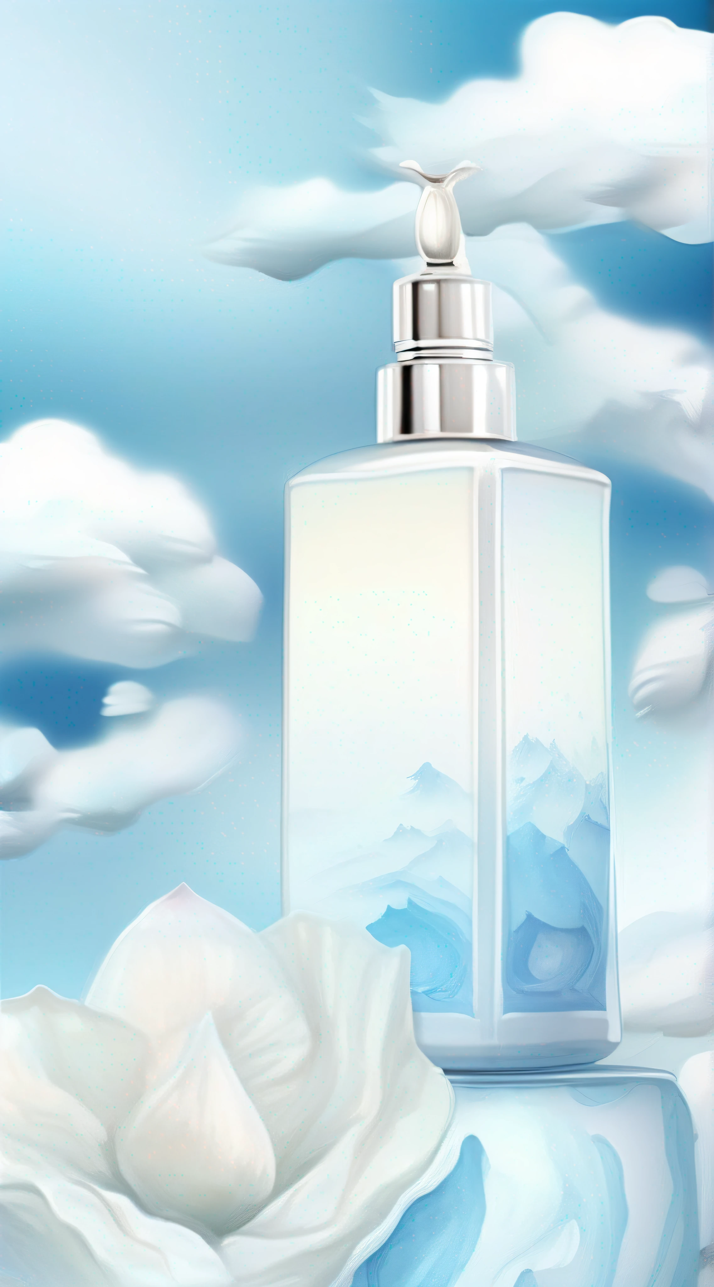 Cosmetics Simple" cover with a bottle of cream pictures from different angles, Chinese watercolor light sky blue and white style, fluid mix, surrealism, weathercore, installation oased, magewave