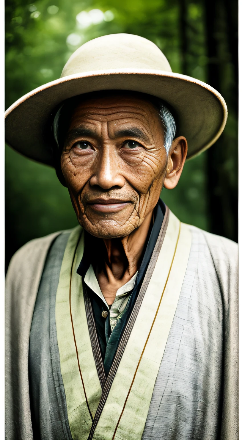 Portrait photography style, world masterpiece, super unique high professional digital art, film format, hyper-realism, color cinematography with ultra-fine details and quality, background is deep in the forest, an old man in rural China, an old man with wisdom. He wears an old cloak and his eyes are kind and shrewd. He was looking forward, his skin had been blackened and powerful by the sun and rain, and the wrinkles were fixed on the corners of his mouth and forehead, making it seem that his years had precipitated. Although wearing a dark gown, although simple in appearance, it exudes sublime wisdom and a sense of tenacity of strength.