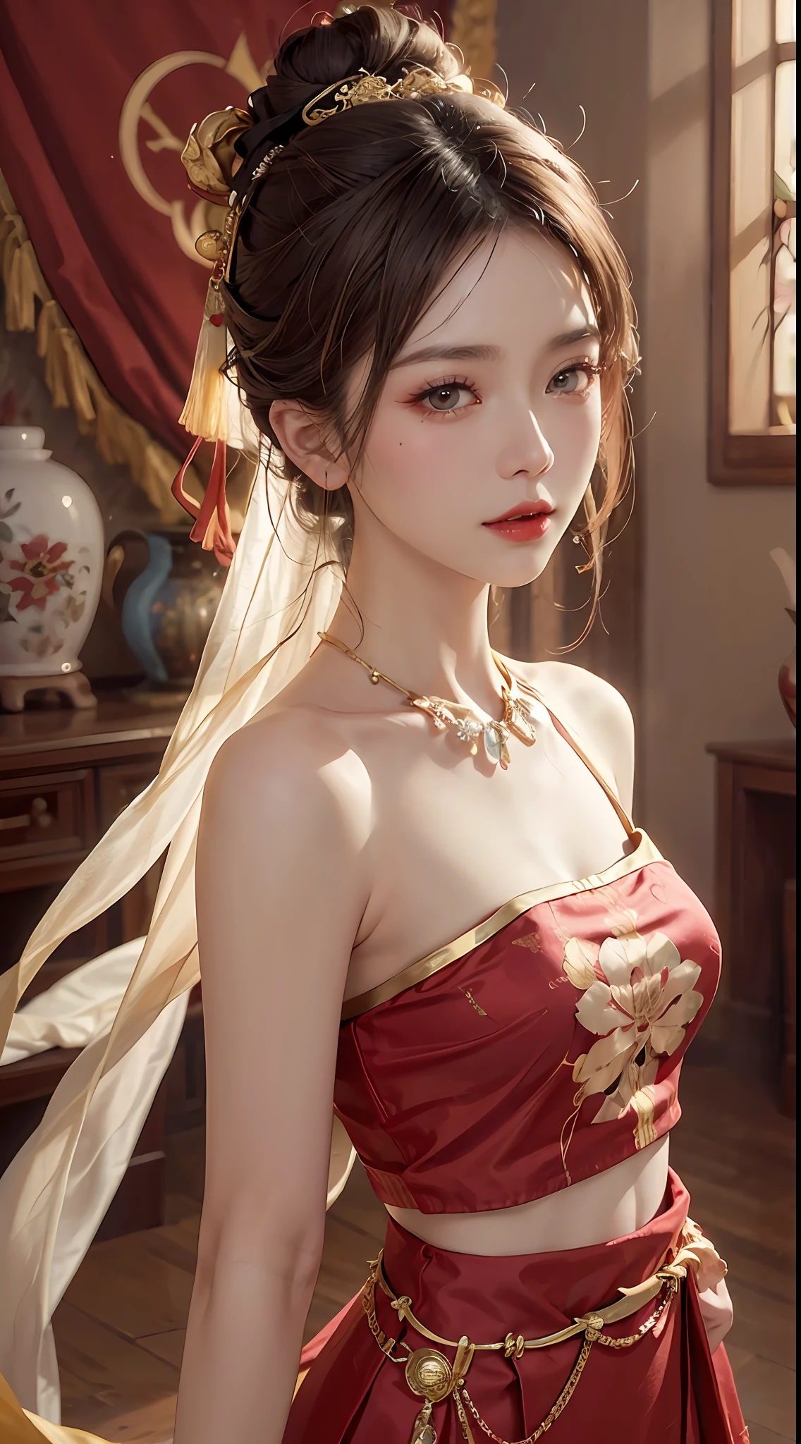 (RAW, Best Quality), Realistic, (Photorealistic Real: 1.3), Best Quality, High Detail, Masterpiece, Extremely detailed, Illustration, 1 25 year old goddess, upper body, Angle animated, mess_long_hair, best quality, 8k wallpaper, extremely detailed Dunhuang uniforms, ink, amazing, cinematic lighting, lens_flare, Dunhuang style tunic, sexy, crop top, bone delicate blows, Patterned socks, Gold patterns all over, an ancient goddess wearing a hanfu-style silk ao dai, silk tulle clothes, (Dunhuang style: 1.8) (Dunhuang fantasy landscape: 1.8 ), beautiful old face and extremely meticulous makeup, smooth pink and white skin, flawless soft skin, thin black eyebrows, meticulous eye makeup, big yellow eyes, eye makeup glitter, high nose, bun, hair brooch, jewelry on head and neck, big and round breasts, chubby, red lipstick, sweet little lips, bracelets on wrists, jewelry on goddess ao dai , the small tattoo on the forehead of the goddess,