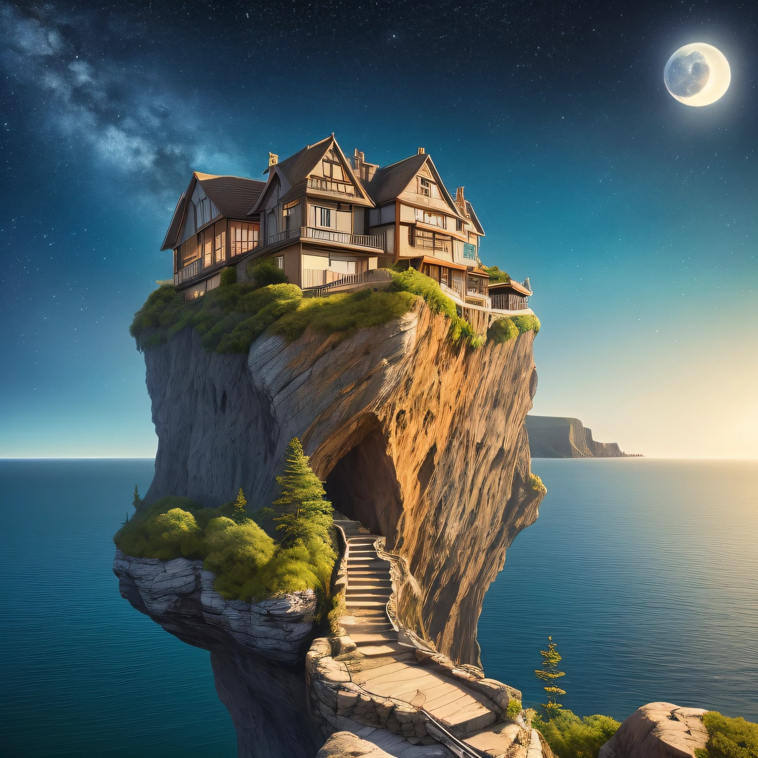 Cliffs, houses lined up on the edge of the cliff, houses connected by stairs, the sea below, blue sky, starry sky, beautiful moon,