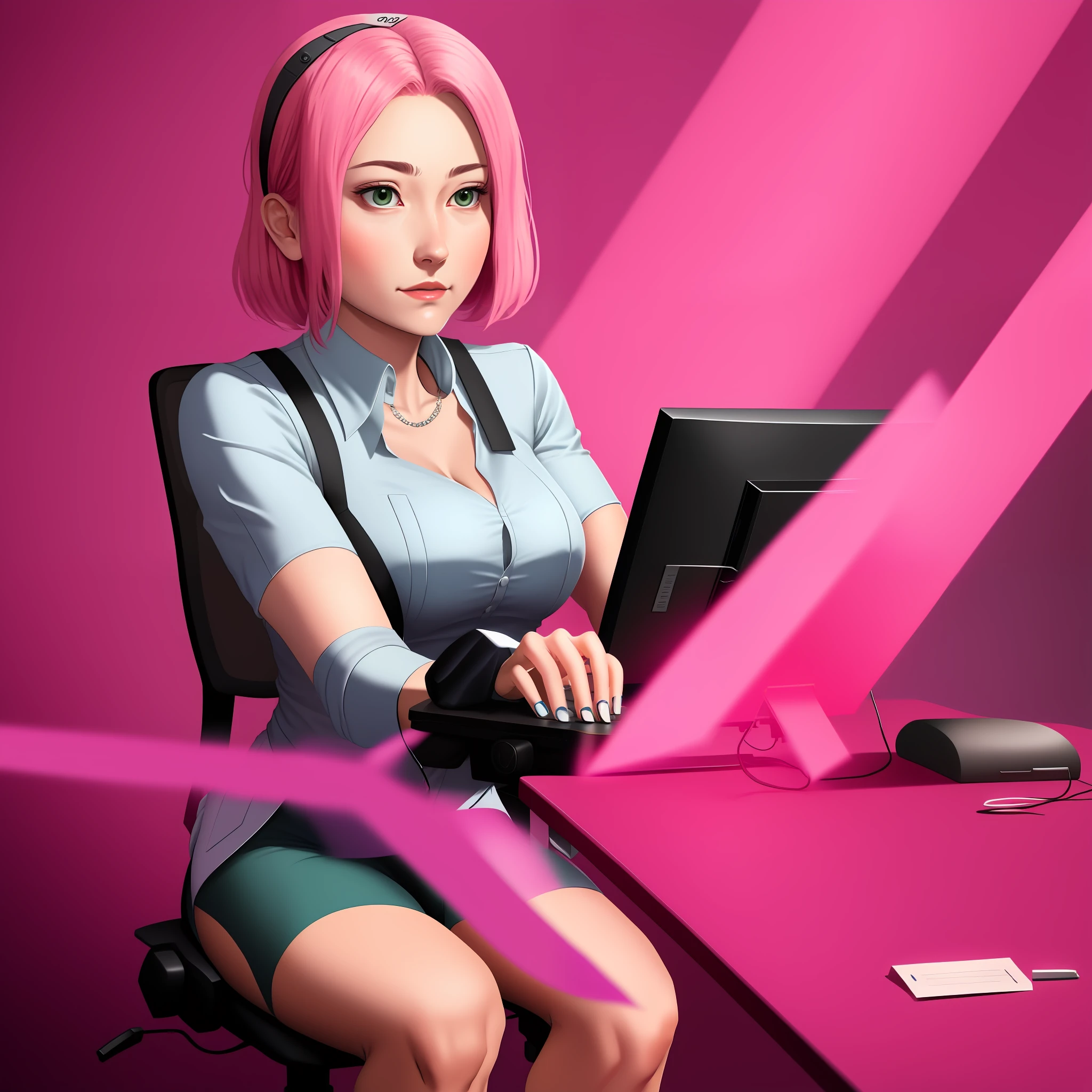 Sakura working in an office