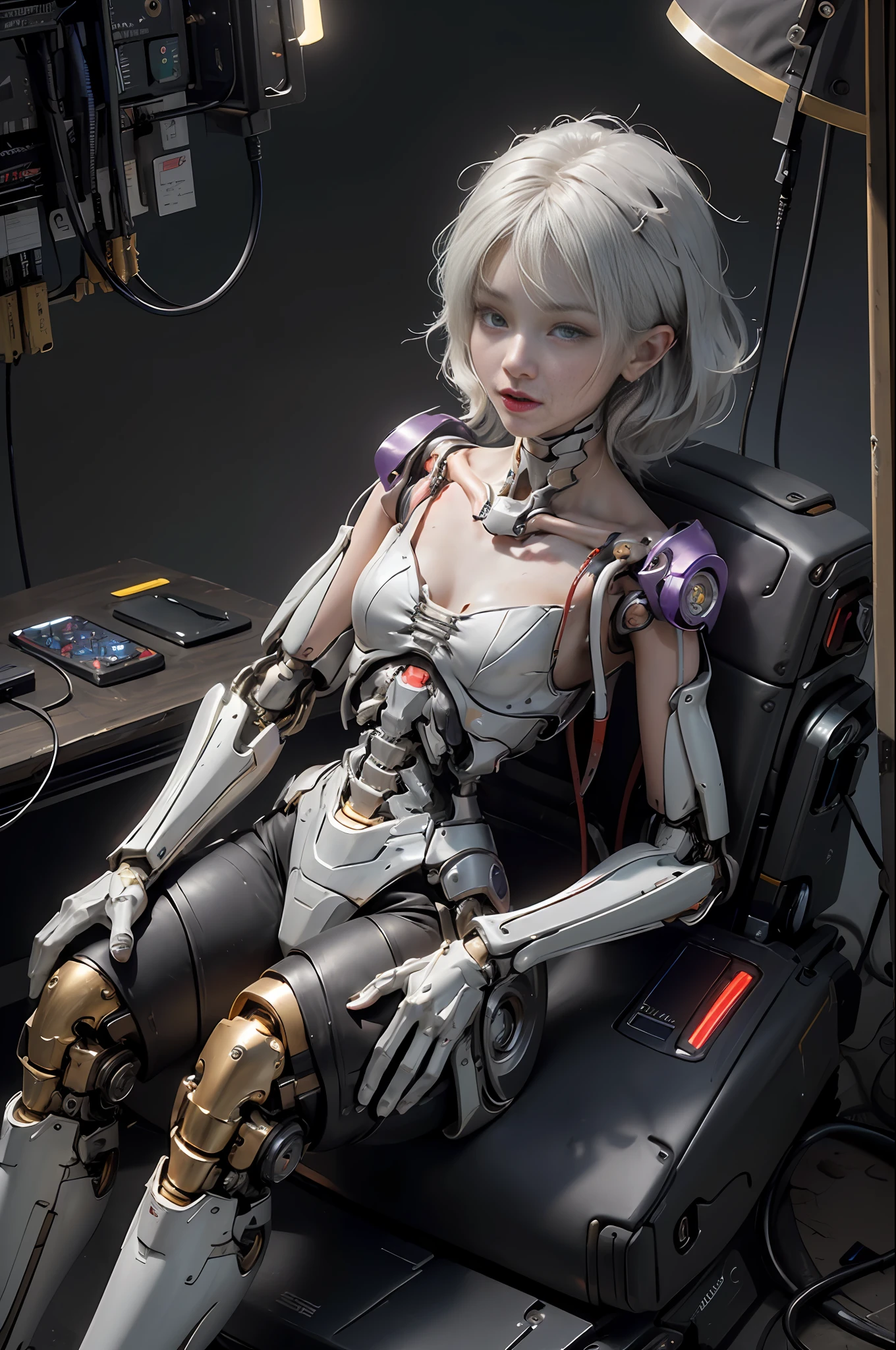 (((Masterpiece)))), (((highest quality)))), ((Ultra Definition)), (Very Detailed Photoreality), (((Very Delicate and Beautiful)), (Delicate and Pretty Face), Cinematic Light, (((1 Machine Girl)), Solo, Full Body, Big, Cleavage Is Visible Skin, White Hair, Purple Eyes, Luminous Eyes, (Mechanical Joint: 1.4), (Mechanical limbs)), (Blood vessels connected to tubes), (( Mechanical vertebrae attached to the back)), ((Cervical spine of the machine) attached to the neck)), (((sitting)), expressionless, (wires and cables attached to the head and body: 1.5), (character focus), small LED lamps on the body, sci-fi, metallic body, detailed neon