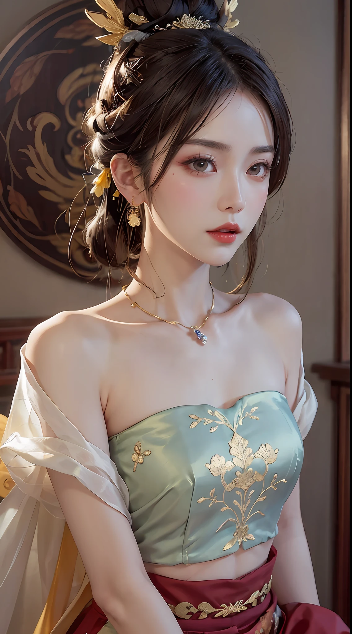 (RAW, Best Quality), Realistic, (Photorealistic Real: 1.3), Best Quality, High Detail, Masterpiece, Extremely detailed, Illustration, 1 25 year old goddess, upper body, Angle animated, mess_long_hair, best quality, 8k wallpaper, extremely detailed Dunhuang uniforms, ink, amazing, cinematic lighting, lens_flare, Dunhuang style tunic, sexy, crop top, bone delicate blows, Patterned socks, Gold patterns all over, an ancient goddess wearing a hanfu-style silk ao dai, silk tulle clothes, (Dunhuang style: 1.8) (Dunhuang fantasy landscape: 1.8 ), beautiful old face and extremely meticulous makeup, smooth pink and white skin, flawless soft skin, thin black eyebrows, meticulous eye makeup, big yellow eyes, eye makeup glitter, high nose, bun, hair brooch, jewelry on head and neck, big and round breasts, chubby, red lipstick, sweet little lips, bracelets on wrists, jewelry on goddess ao dai , the small tattoo on the forehead of the goddess,