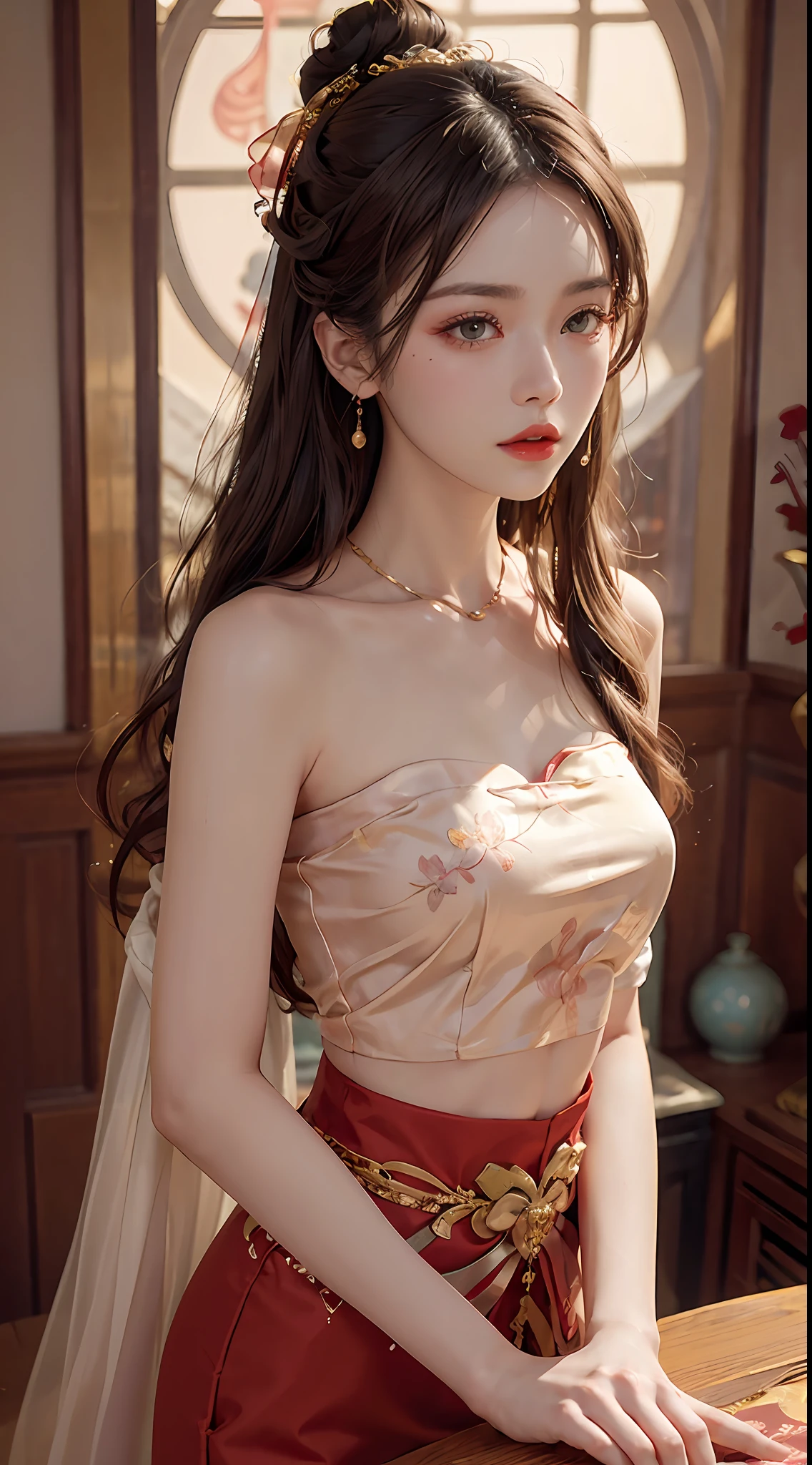 (RAW, Best Quality), Realistic, (Photorealistic Real: 1.3), Best Quality, High Detail, Masterpiece, Extremely detailed, Illustration, 1 25 year old goddess, upper body, Angle animated, mess_long_hair, best quality, 8k wallpaper, extremely detailed Dunhuang uniforms, ink, amazing, cinematic lighting, lens_flare, Dunhuang style tunic, sexy, crop top, bone delicate blows, Patterned socks, Gold patterns all over, an ancient goddess wearing a hanfu-style silk ao dai, silk tulle clothes, (Dunhuang style: 1.8) (Dunhuang fantasy landscape: 1.8 ), beautiful old face and extremely meticulous makeup, smooth pink and white skin, flawless soft skin, thin black eyebrows, meticulous eye makeup, big yellow eyes, eye makeup glitter, high nose, bun, hair brooch, jewelry on head and neck, big and round breasts, chubby, red lipstick, sweet little lips, bracelets on wrists, jewelry on goddess ao dai , the small tattoo on the forehead of the goddess,