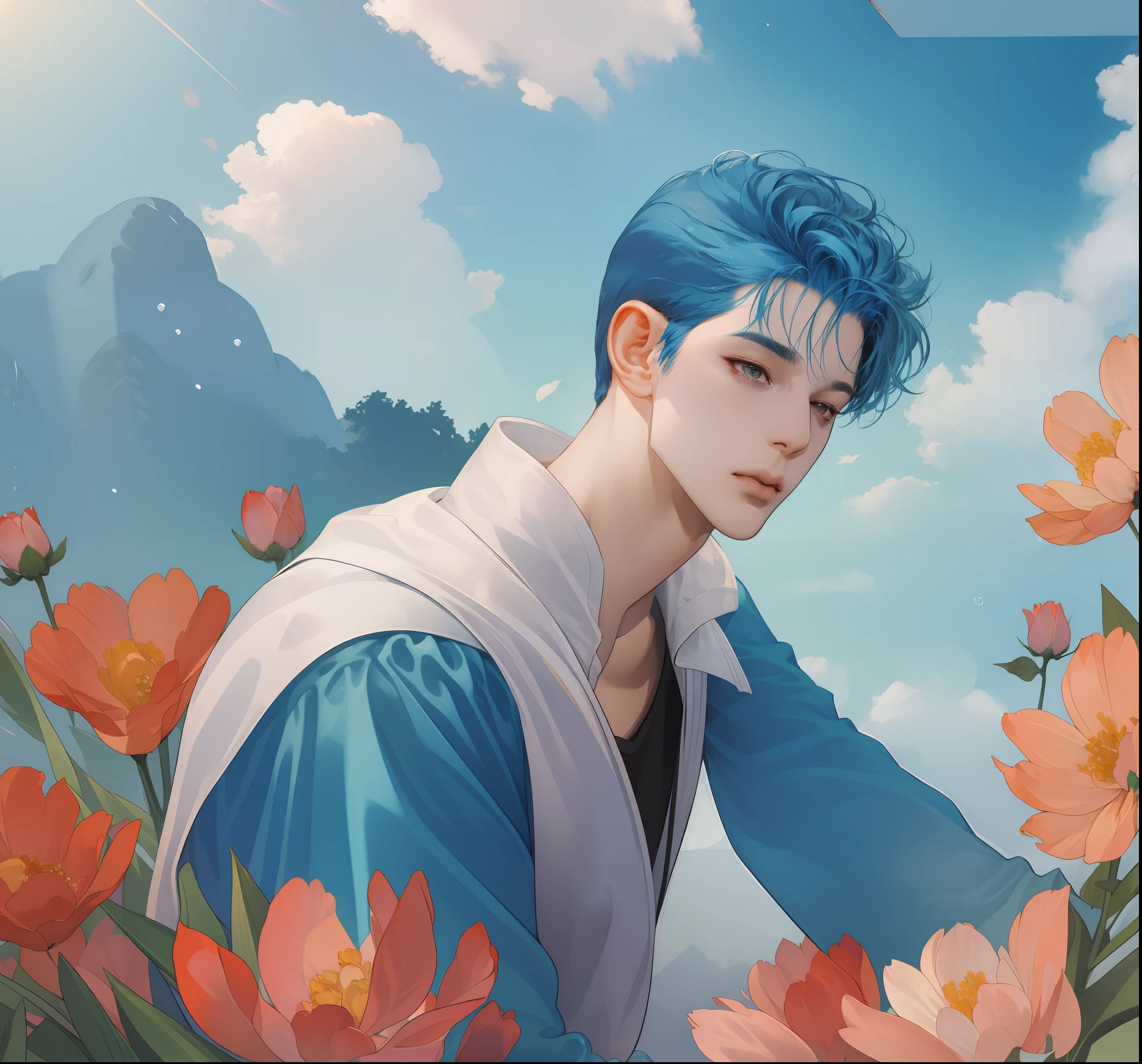 (absurdres, highres, ultra detailed), (1 male:1), adult, tall, skinny, cute guy, blue hair, morning sky, (high angle), bubbles, shining light, bright, (bloom)