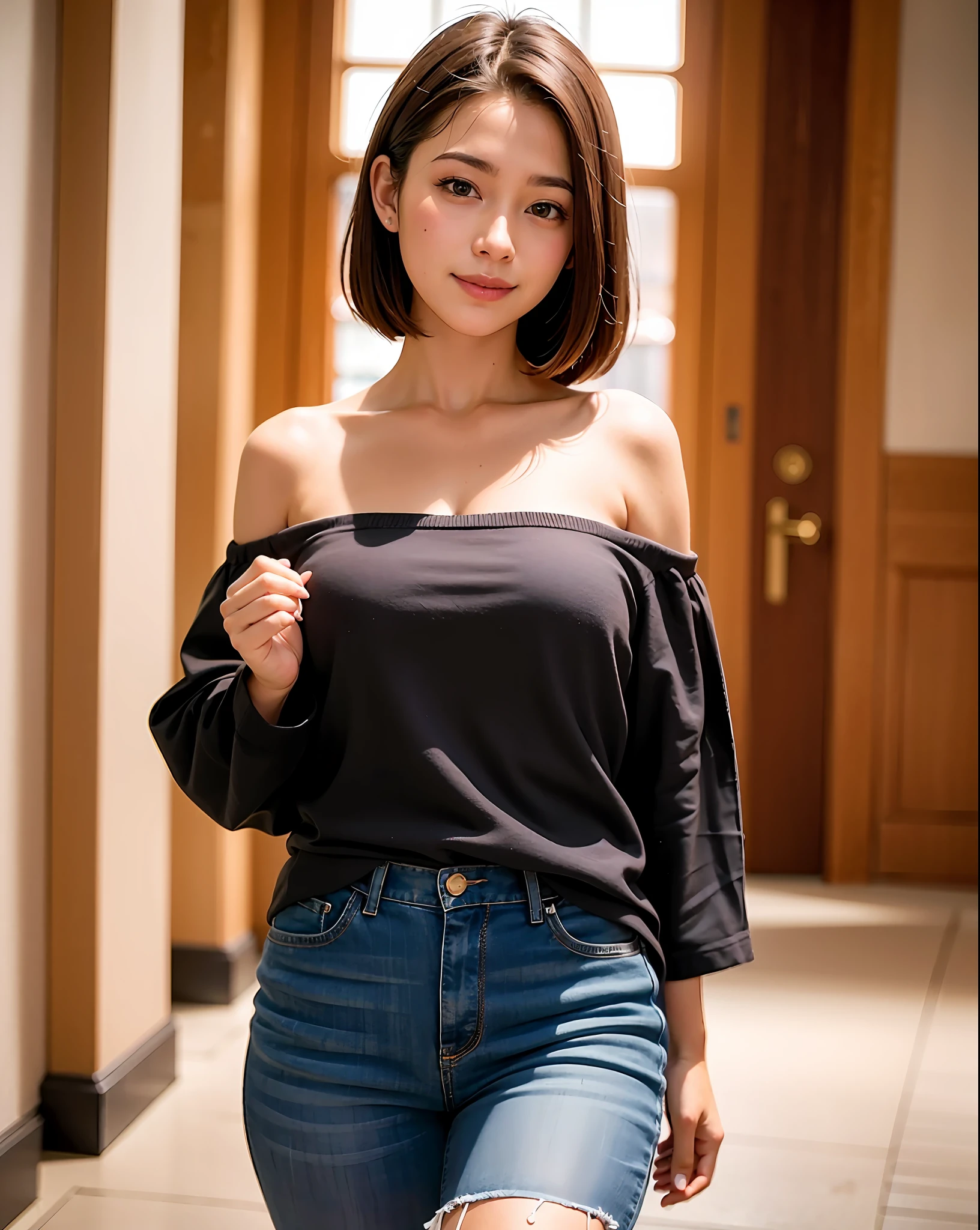 Top Quality, Face Focus, Soft Light, (Depth of Field), Ultra High Resolution, (Photorealistic: 1.4), RAW Photo, (Portrait: 1.4), (Frontal), Marie Iitoyo
1 Japan girls, solo, cute, (shy, smile:1.1), (brown eyes), beautiful face detailed, (midi_hair),
The great hall of the castle of Europe, walking,
(Off-shoulder shirt)