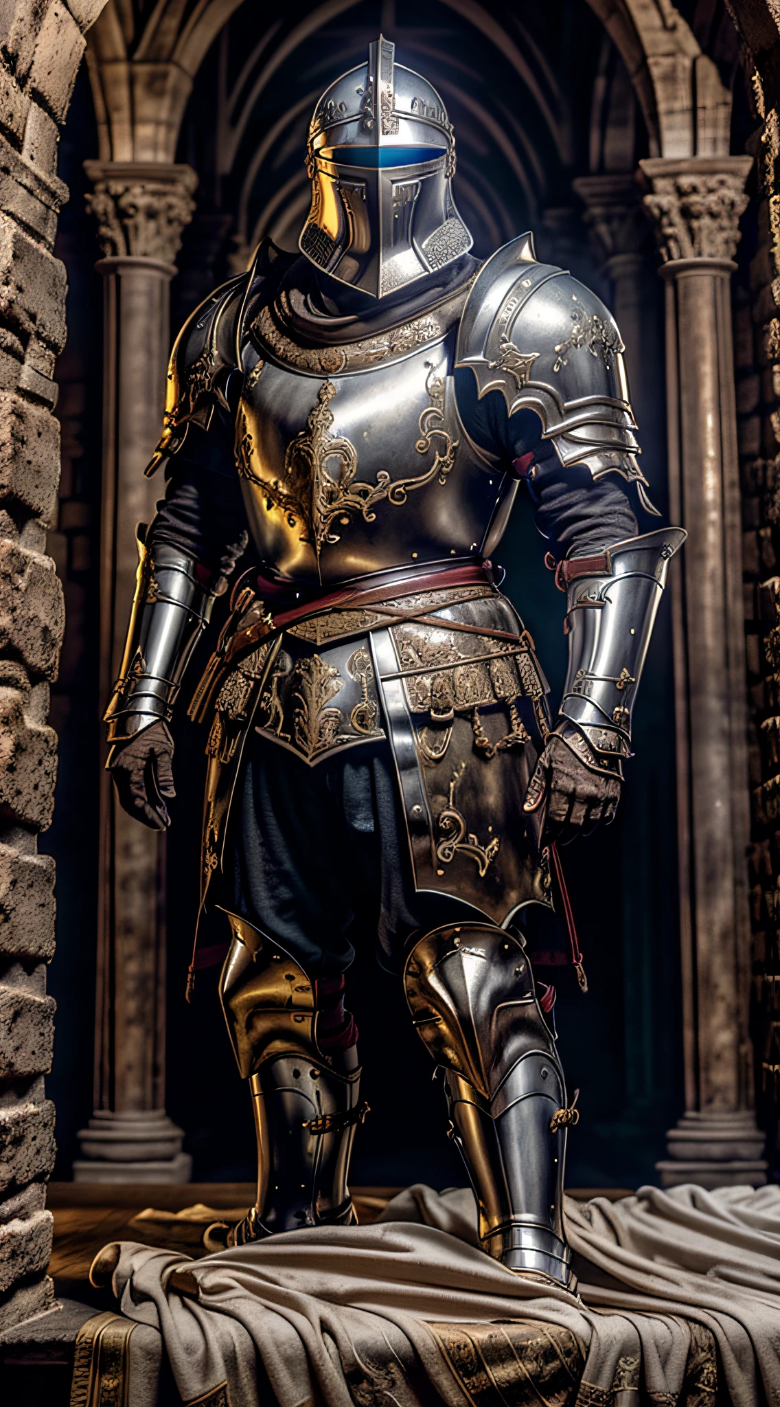 Masterpiece, cinematic landscape, best quality, baroque, realistic, , man, white Roman medieval armor, worn armor, upper body, looking at the viewer, in the king's room inside a castle