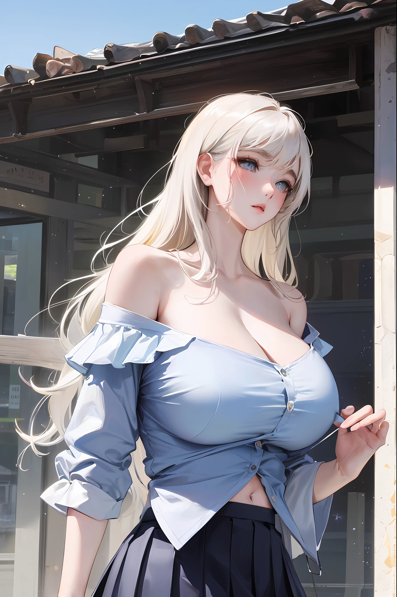 official art, masterpiece, sharp focus, (beautiful gorgeous cute Korean woman:1.3), (beautiful cute korean:1.3), korean beauty, Delicate and beautiful hair and eyes and face, realistic, ultra detailed, beautiful girl, blue sky, glow white particle, (sidelighting:1.2), slender, Lovely, very huge breasts and wide hips, massive breasts, pink blush on breasts, ((shy and aroused)), scenery, long straight hair, sexy facial expression, dynamic hair, long straight hair, detailed platinum blond hair, glow blue eyes, (grey pleated skirt+white off shoulder shirt), pale skin, at school