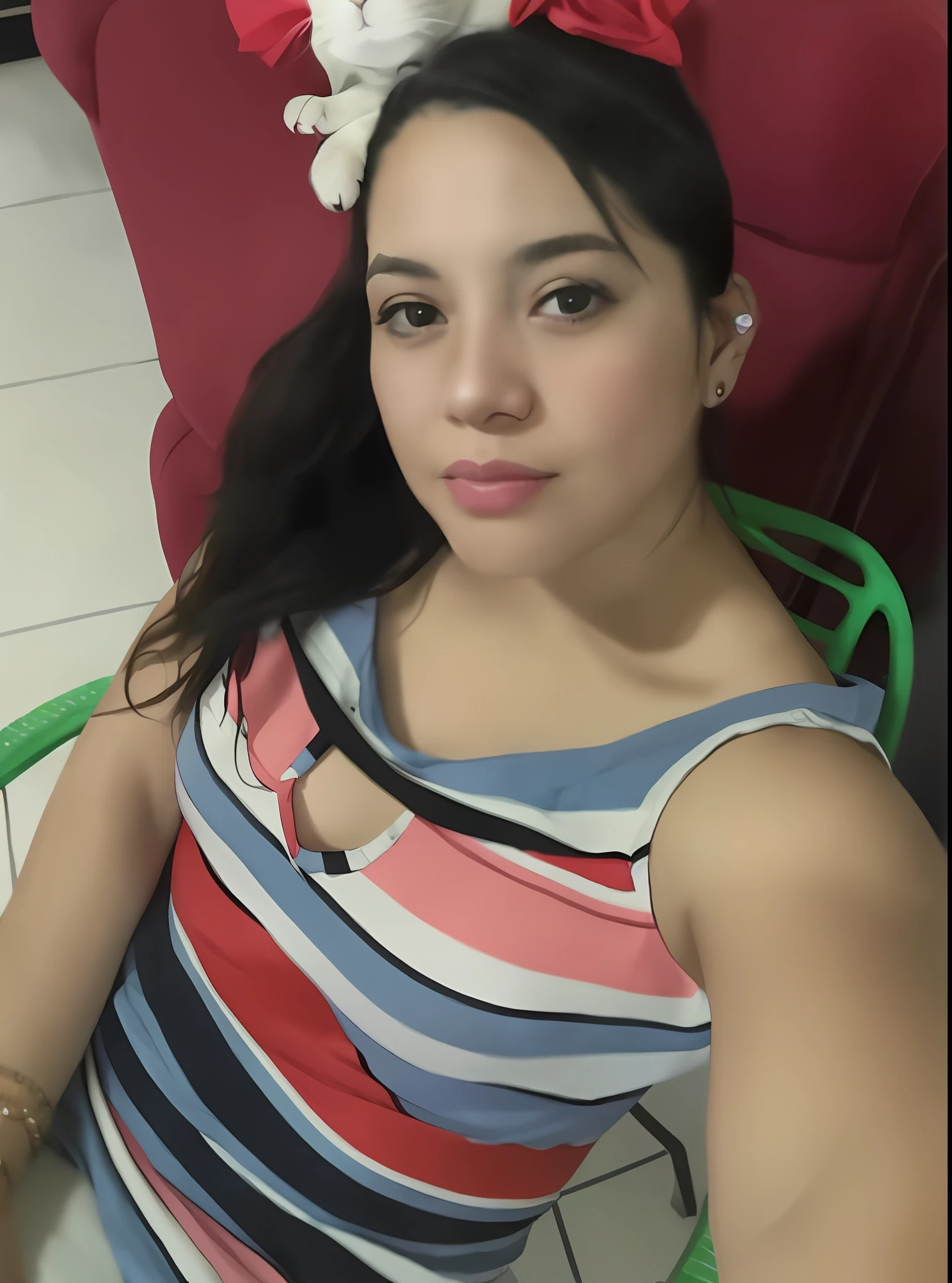 there is a woman sitting in a chair with a cat on her head, 3 0 years old woman, 30 years old woman, lorena avarez, ayahausca, alanis guillen, 38 years old, 40 years old women, 1614572159, profile image, 2