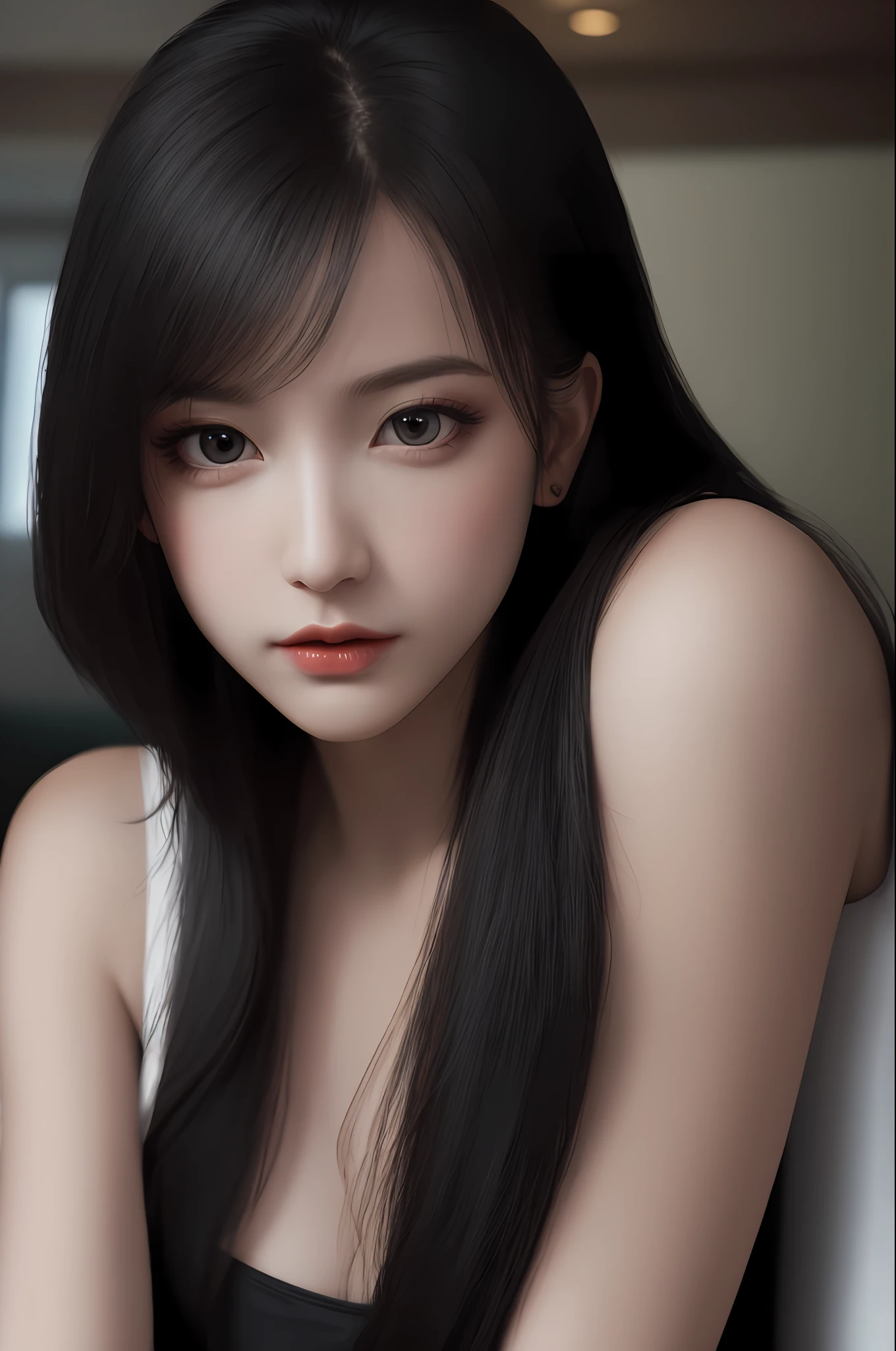 Very detailed eyes, very detailed face, very beautiful woman, best quality, super detailed (photorealistic), very delicate and beautiful legs, beautiful black eyes, absurdity, very detailed facial expression, professional illustration, shy, ff Tifa