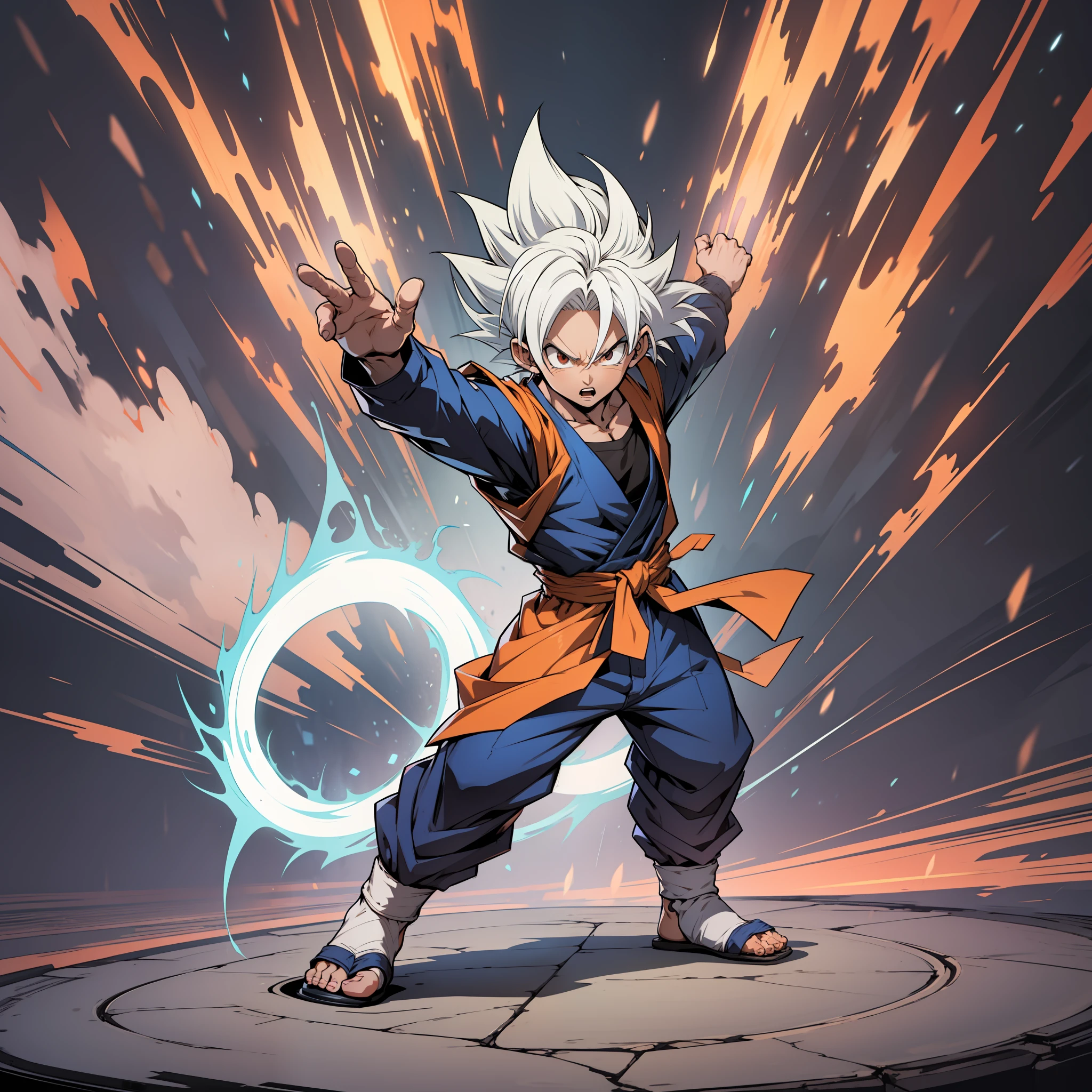 Chibi, full body,Son Goku ultrainstinct white hair,spiky hair, two hands up, standing, bent knees epic posture in defense