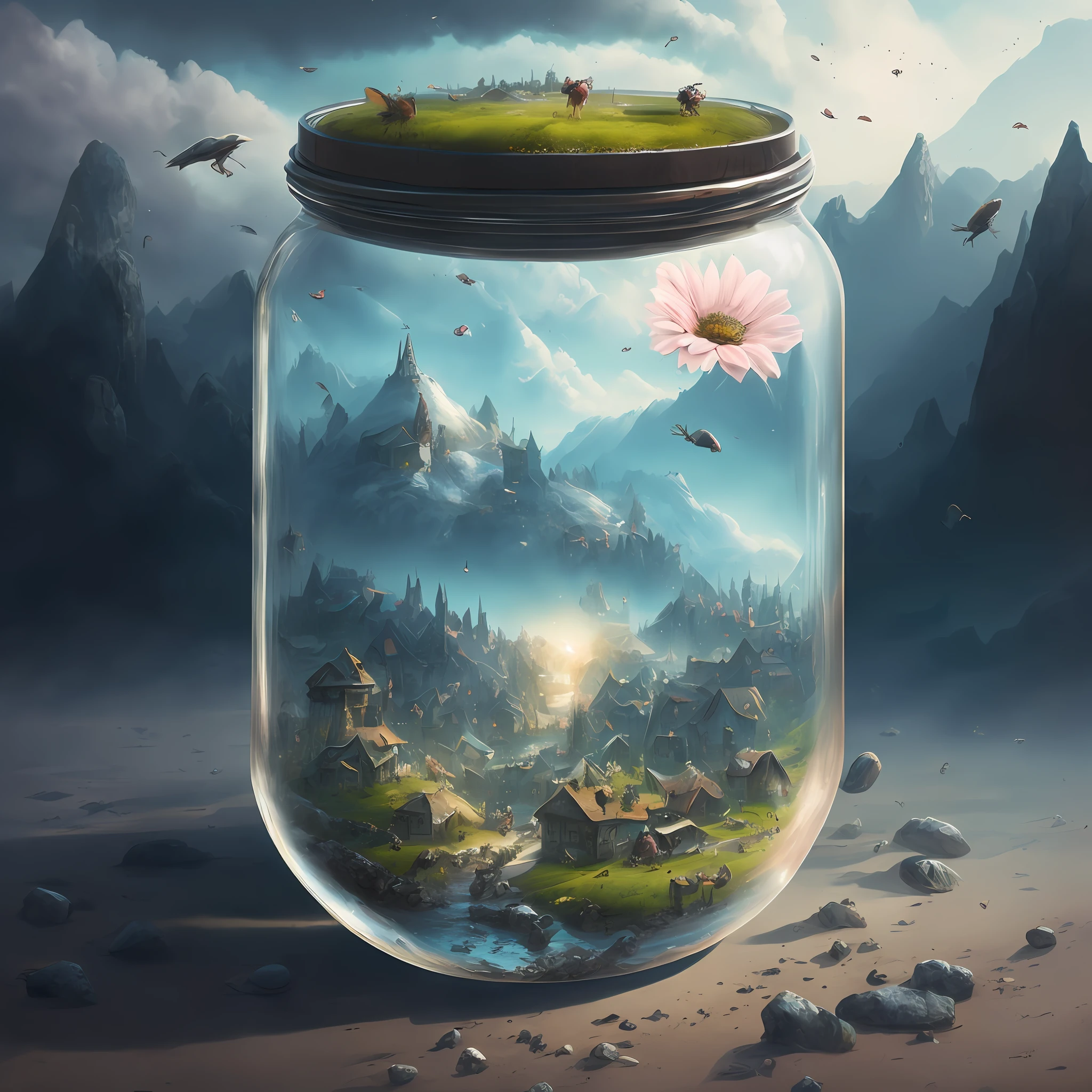 ((There is a jar, there must be a jar, there is a background, the jar is pink, super detailed, intricate details)) (low contrast), color fantasy style clear details, a medieval village in Switzerland, chaotic jungle in background, gorgeous, beautiful, atmosphere, atmosphere, flowers, concept art illustration, greg rutowski, volumetric lighting, sunlight, particles, colorful clothes, by Jean-Baptiste Monge, Gilles Belloi, Taylor Edlin, Marek Okun, Pixar, album cover, comic book style, golden ratio, perfect composition, masterpiece, art station trend, supersaturation, epic reality, HDR, intricate details, rutkovsky, intricate, film, detailed, halfway art