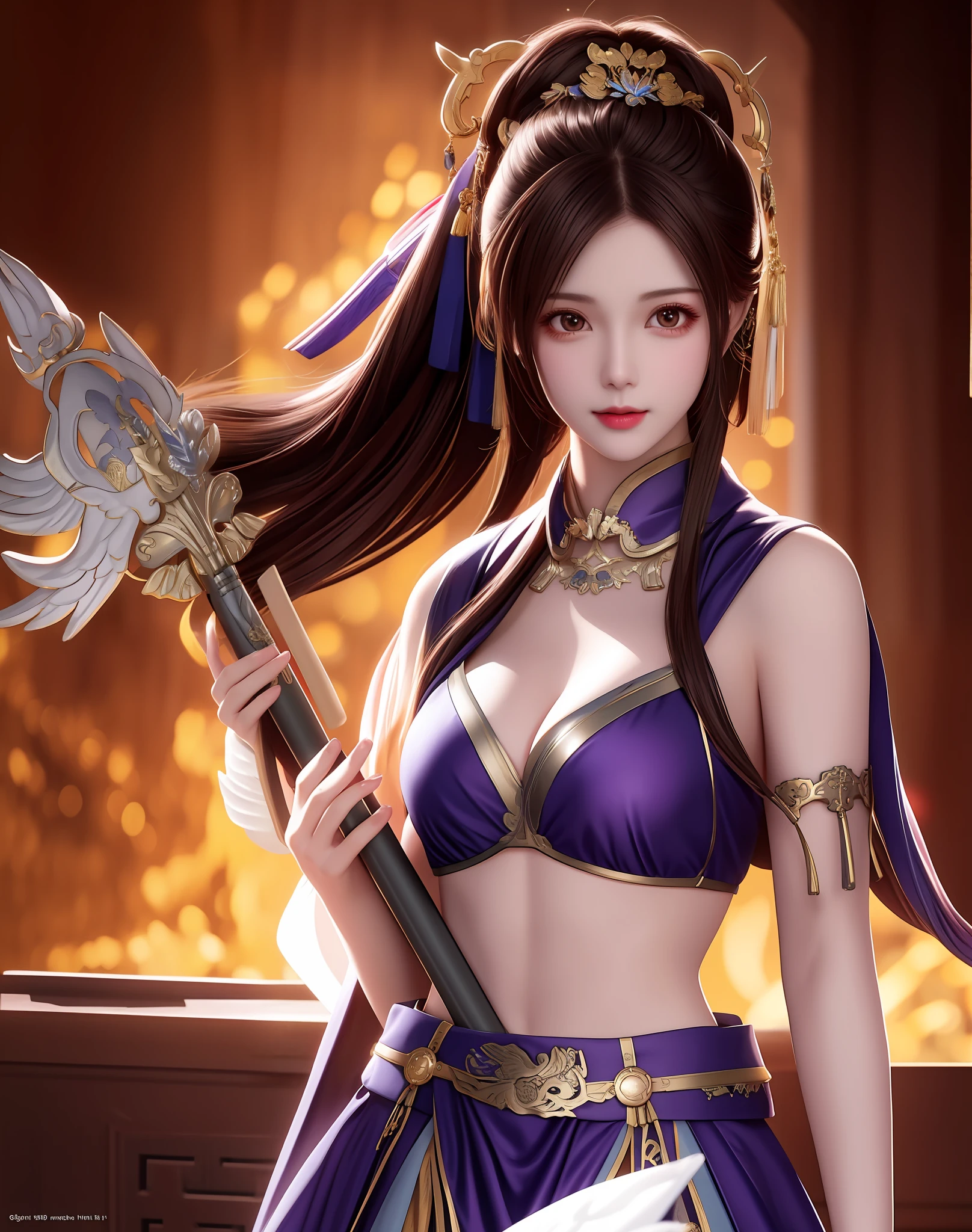 best quality, masterpiece, high resolution, 1girl,a woman holding a sword, ancient chinese battlefield background, metal armor, cape, metal collar, ancient spear, hair ornament, necklace, jewelry, beautiful face, upon_body, tyndall effect, realistic, dark studio, edge lighting, duotone lighting, (high detail skin:1.2), 8k ultra hd, dslr camera, soft lighting, high quality, volumetric lighting, frank, photos, high resolution, 4k, 8k, bokeh, Purple bikini armor, ancient metal spear, chest embroidered phoenix, metal cuirass, tight, bare arms, weapons, short bracers, stockings, weapons
