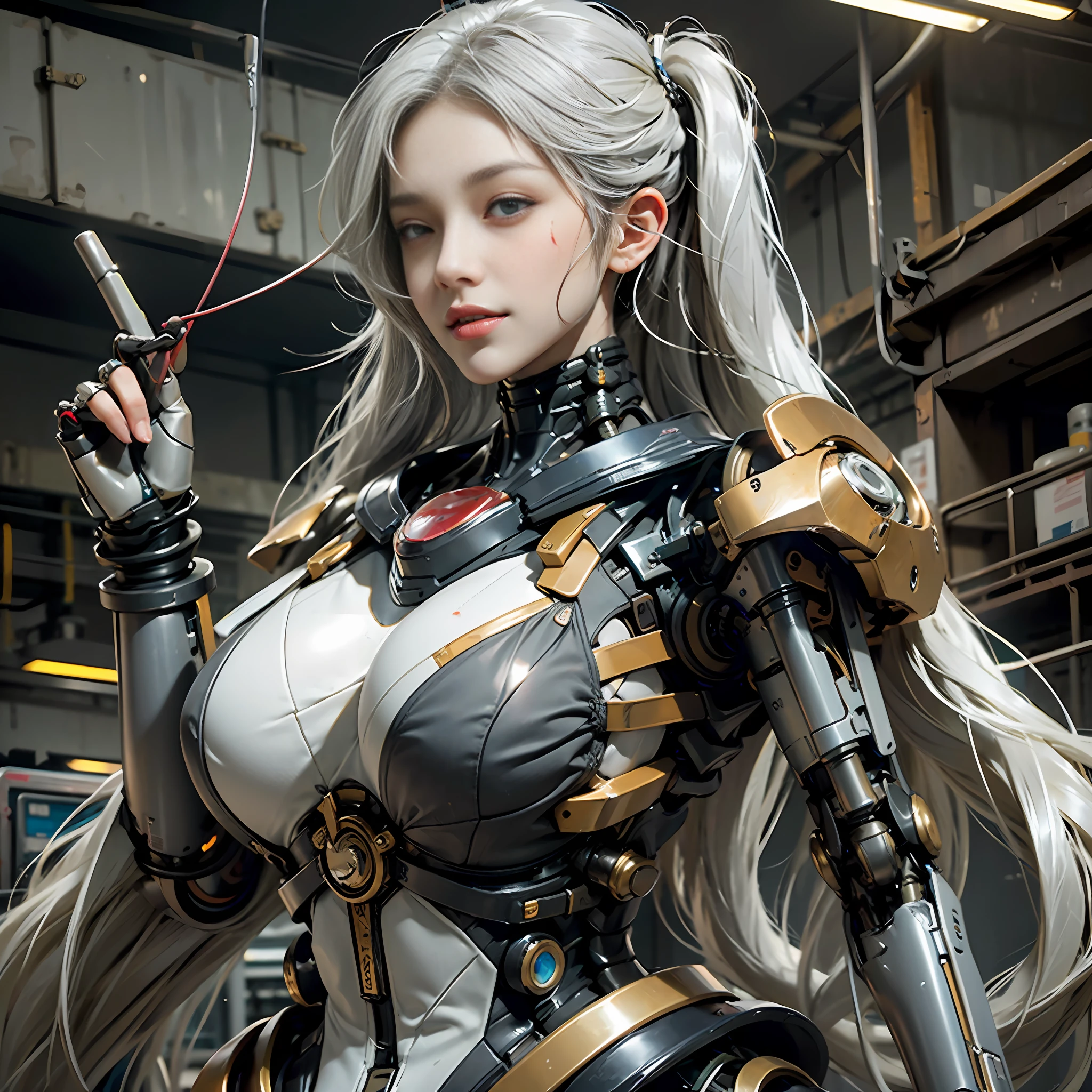 Beautiful Face,face is Japan, 1 Woman, Big, Curvaceous, (16k, RAW photo, top quality, masterpiece: 1.2), (HDR, Realistic, Photorealistic: 1.37) (tube attached to the body), (Bikini Cyborg robot parts)))), (light gray hair), Long hair, Wavy hair, Twin tails, Medium shot, ( Seductive smile)), (black eyes), double eyelids, princess cut, from below, (whole body),posing,,in the lab,( tube connected to blood vessel),((mechanical vertebrae attached to the back)),((mechanical neck attached to the neck)),(wire and cable attached to head and body),(character focus),science fiction,perfect female figure,perfect anatomy, hyperanatomy, full body shot, relationship between up to 4 fingers and 1 thumb, spherical joint,