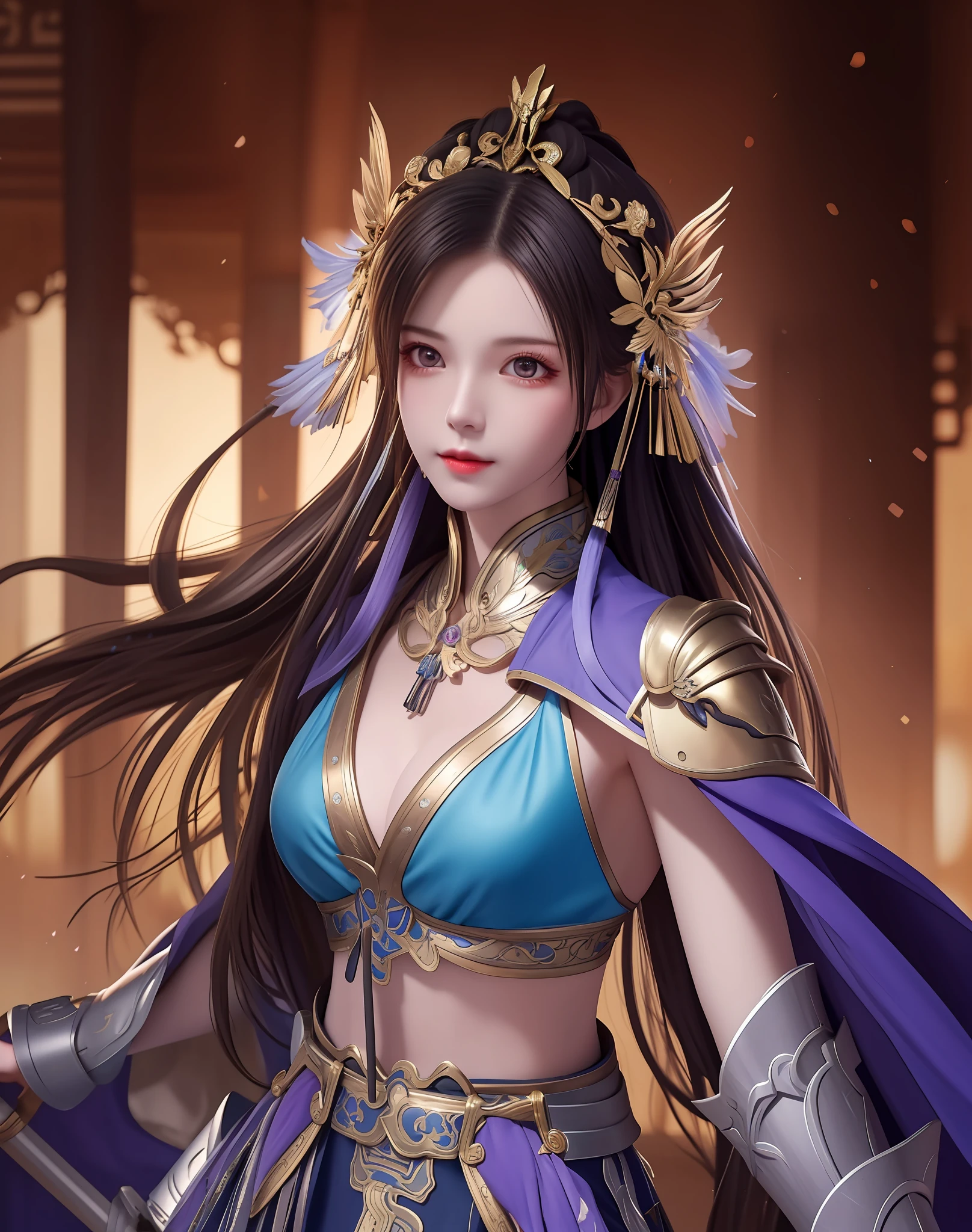 best quality, masterpiece, high resolution, 1girl,a woman holding a sword, ancient chinese battlefield background, metal armor, cape, metal collar, ancient spear, hair ornament, necklace, jewelry, beautiful face, upon_body, tyndall effect, realistic, dark studio, edge lighting, duotone lighting, (high detail skin:1.2), 8k ultra hd, dslr camera, soft lighting, high quality, volumetric lighting, frank, photos, high resolution, 4k, 8k, bokeh, Purple bikini armor, ancient metal spear, chest embroidered phoenix, metal cuirass, tight, bare arms, weapons, short bracers, stockings, weapons