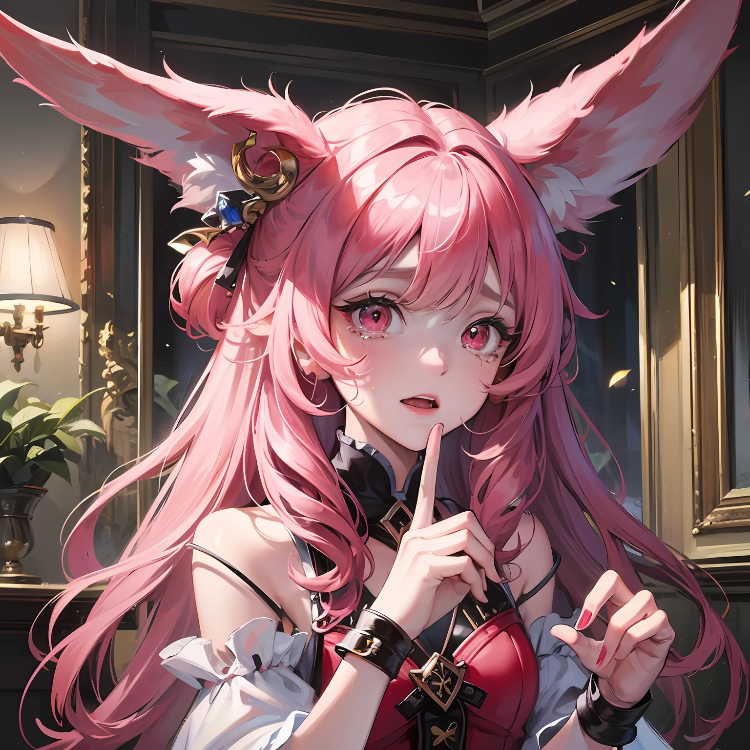 Best Quality, Superb Quality, 8K, Masterpiece: 1.2, Ultra Detailed, Beautiful Figure Painting, Long Pink Hair, Vampire, Pretending to Be Conservative, Upper Body, Pink Clothes, Rabbit Ears, Crying, Scared, (Fear) Finger Depiction Extremely Detailed, Vampire, Epic Exquisite Character Art, Art Source Douluo Continent Little Dance, Super Detailed Clothes Details, Light Red Eyes, 6 Year Old Little Girl