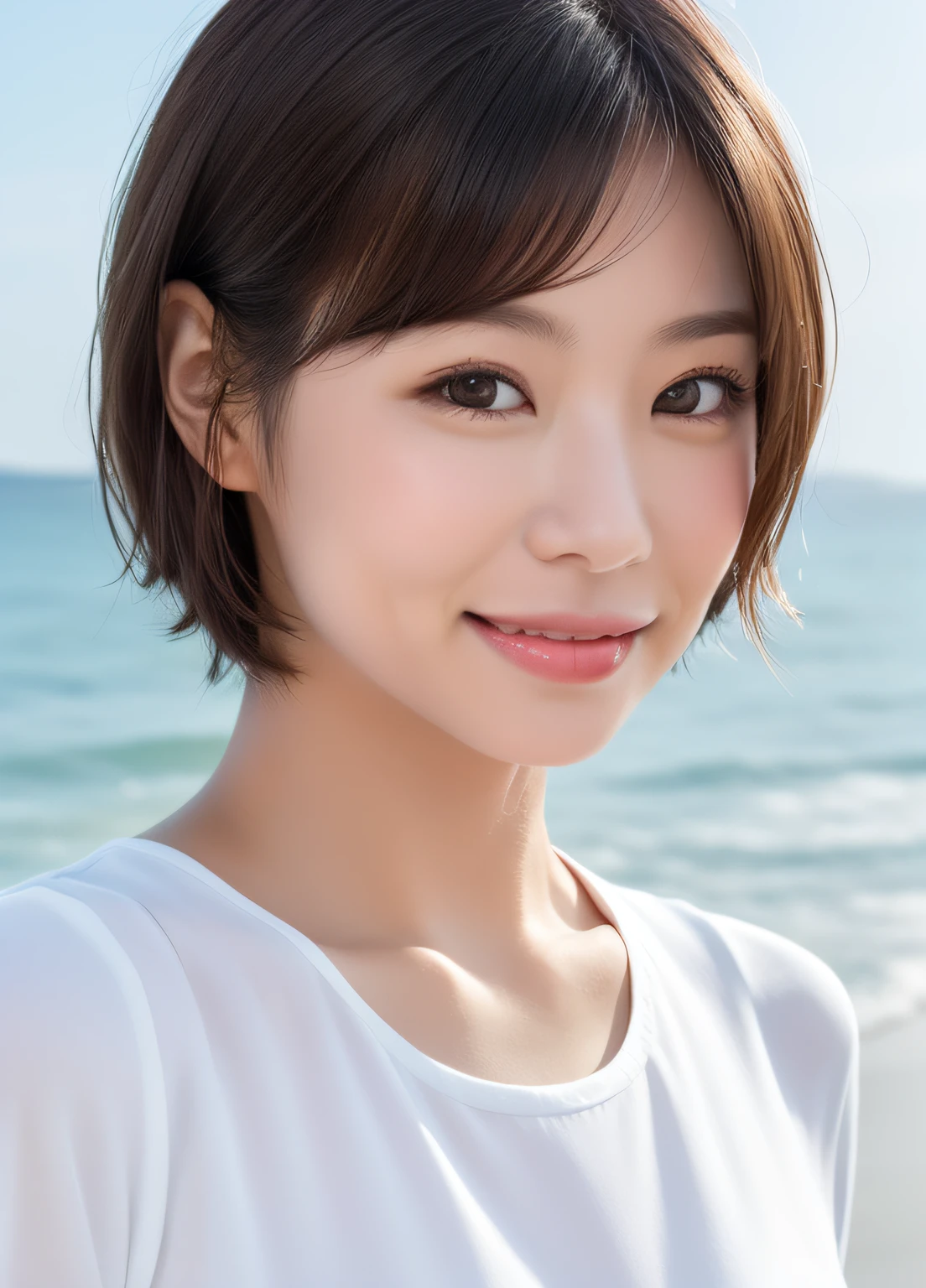 Smiling, black hair, white shirt, seaside