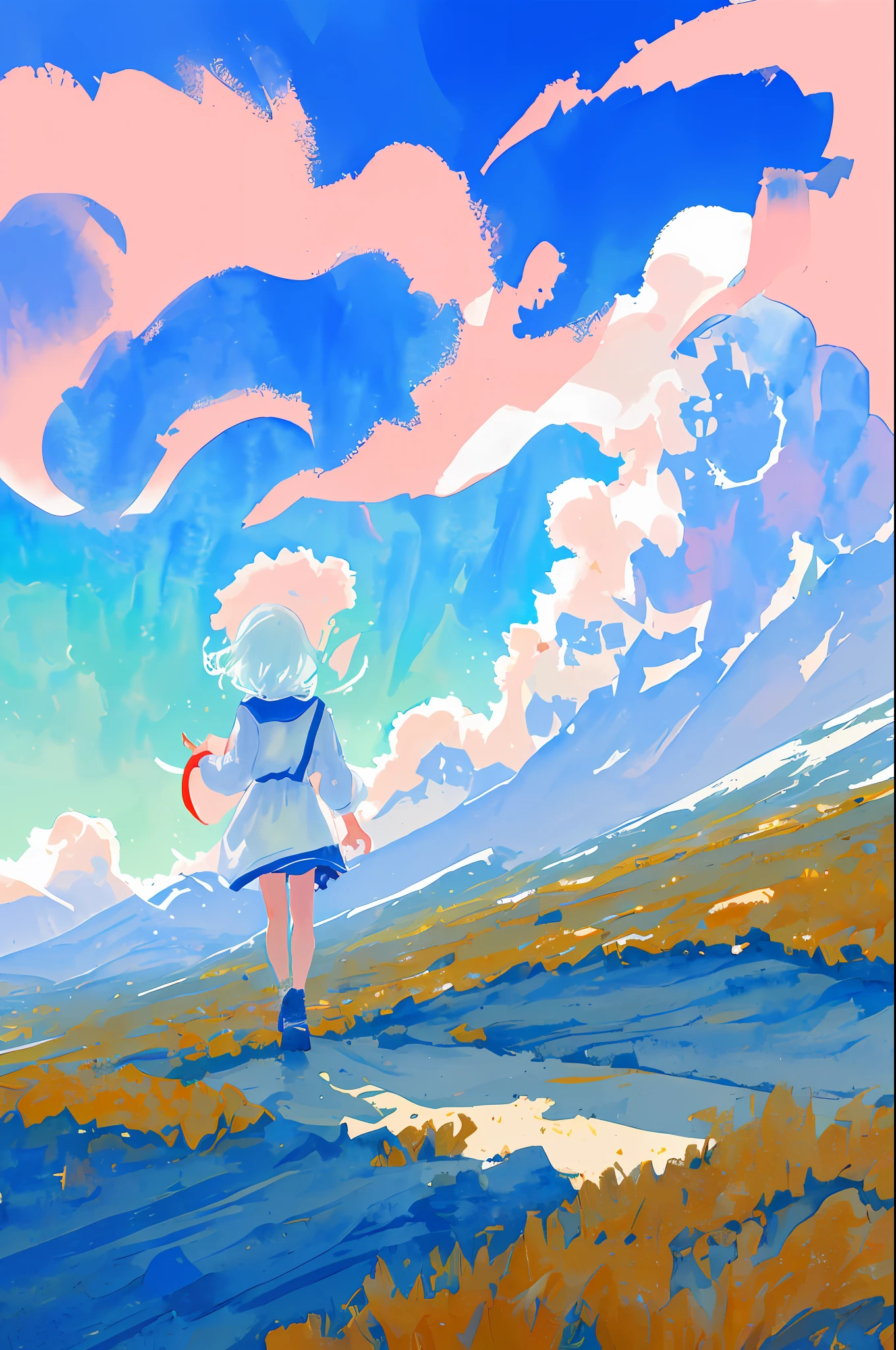 Above Sky Above Clouds Girl Walking Far Away Blue Sky Spreads Watercolor Retrograde Film Camera