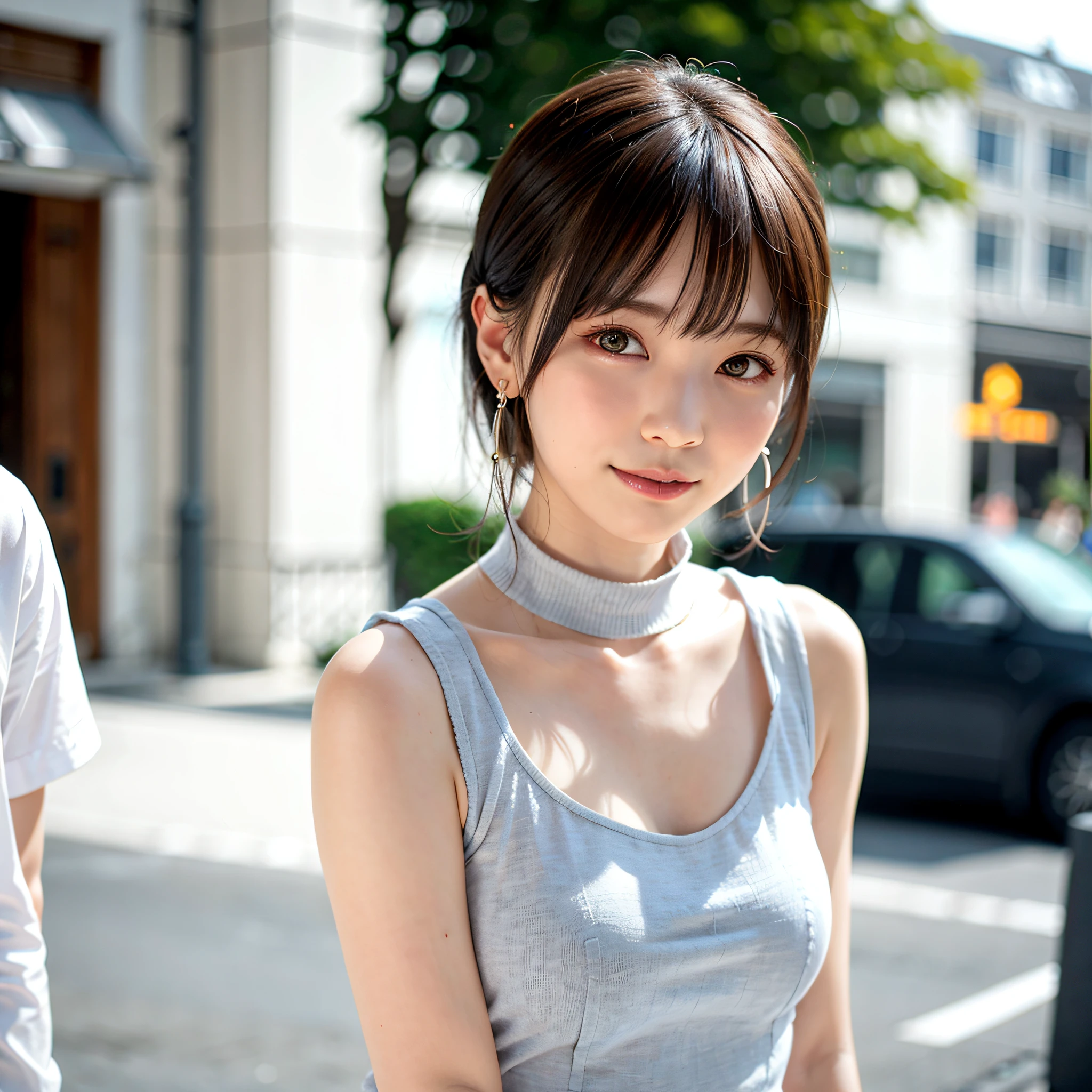 Woman posing on street corner wearing high neck knit dress, top quality, girl 1 person, big breasts, sun, bright, blurred background, bokeh, outdoor, (street: 0.8), (people, crowd: 1), (cropped with lace) dress: 1.5, sleeveless dress, full body, light gray color dress, light gray color dress: 1.5), gorgeous (bechi short hair, forehead: 1.2) , Sagged eyes, beautiful sky in detail, earrings, (whole body 1:1), soft lighting, wind, glossy skin, crying face