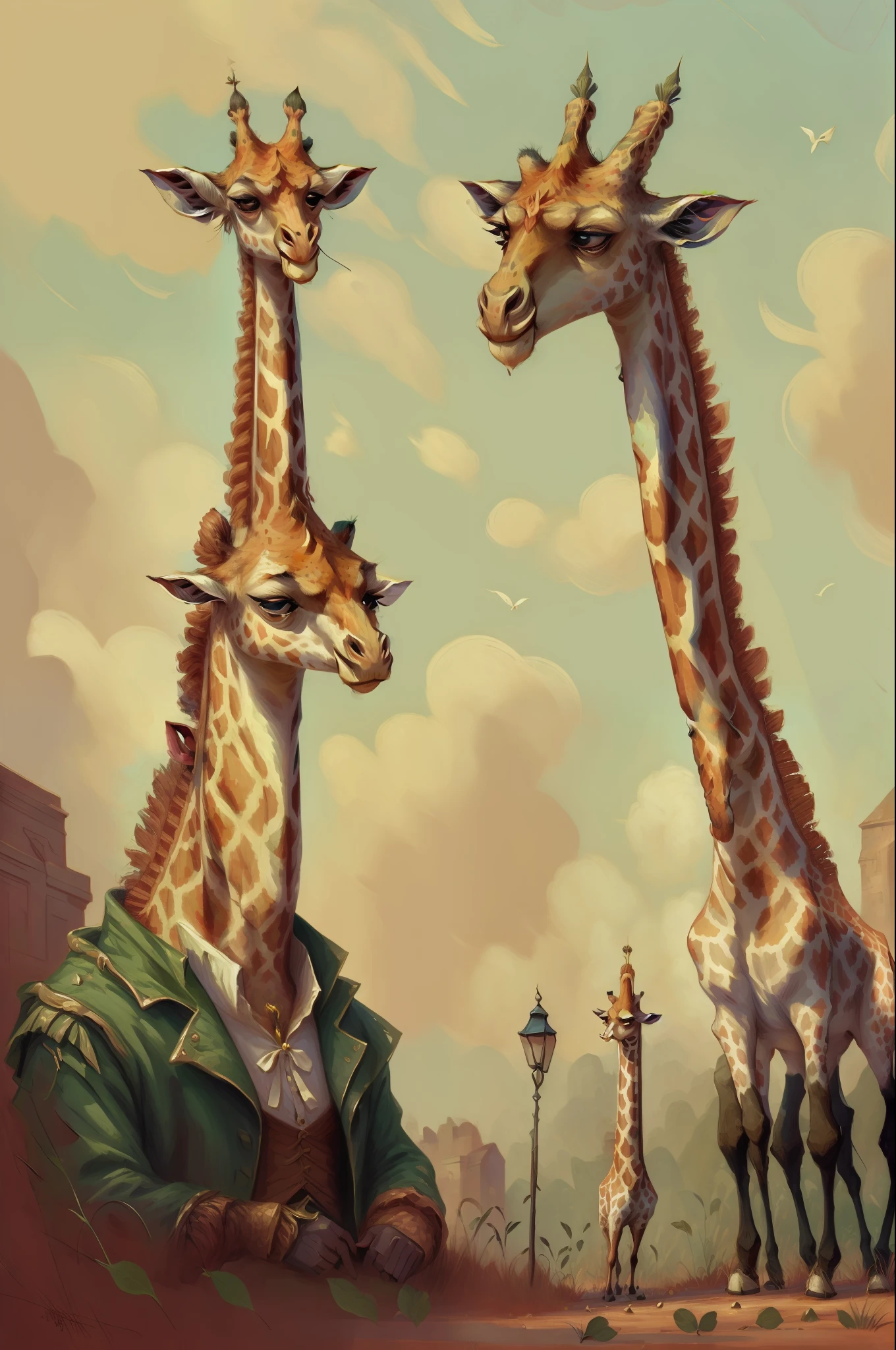 portrait of a french giraffe dressed, noble, aristocratic, simmetry, art deco, epic composition, dreamlike, absurdes, fantasy