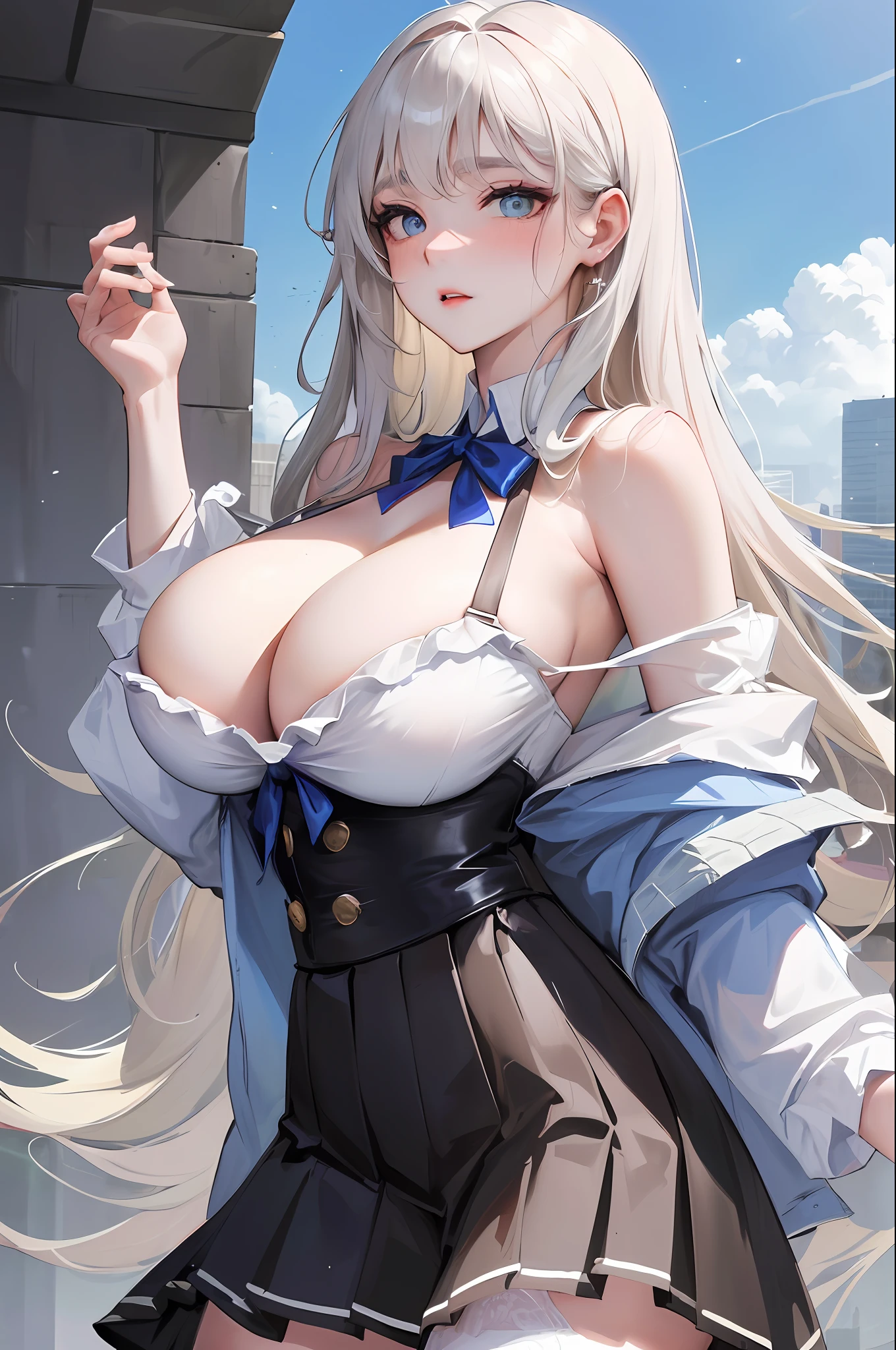 official art, masterpiece, sharp focus, (beautiful gorgeous cute Korean woman:1.3), (beautiful cute korean:1.3), korean beauty, Delicate and beautiful hair and eyes and face, realistic, ultra detailed, beautiful girl, blue sky, glow white particle, (sidelighting:1.2), slender, Lovely, very huge breasts and wide hips, massive breasts, pink blush on breasts, panty under skirt, ((shy and aroused)), looking at viewer, scenery, long straight hair, sexy facial expression, dynamic hair, long straight hair, detailed platinum blond hair, glow blue eyes, (grey pleated skirt+white off shoulder shirt), pale skin, at school