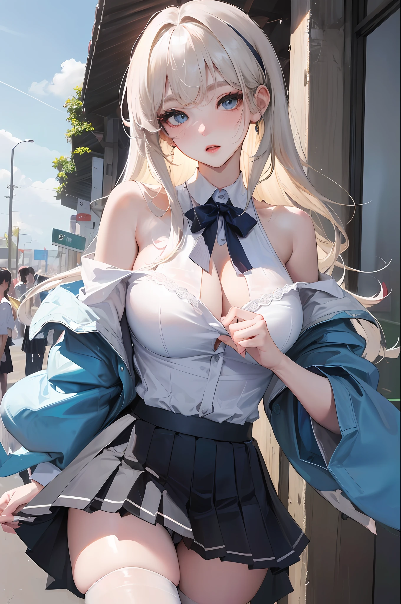 official art, masterpiece, sharp focus, (beautiful gorgeous cute Korean woman:1.3), (beautiful cute korean:1.3), korean beauty, Delicate and beautiful hair and eyes and face, realistic, ultra detailed, beautiful girl, blue sky, glow white particle, (sidelighting:1.2), slender, Lovely, very huge breasts and wide hips, massive breasts, pink blush on breasts, panty under skirt, ((shy and aroused)), looking at viewer, scenery, long straight hair, sexy facial expression, dynamic hair, long straight hair, detailed platinum blond hair, glow blue eyes, innocent, (grey pleated skirt+white off shoulder shirt), pale skin, at school