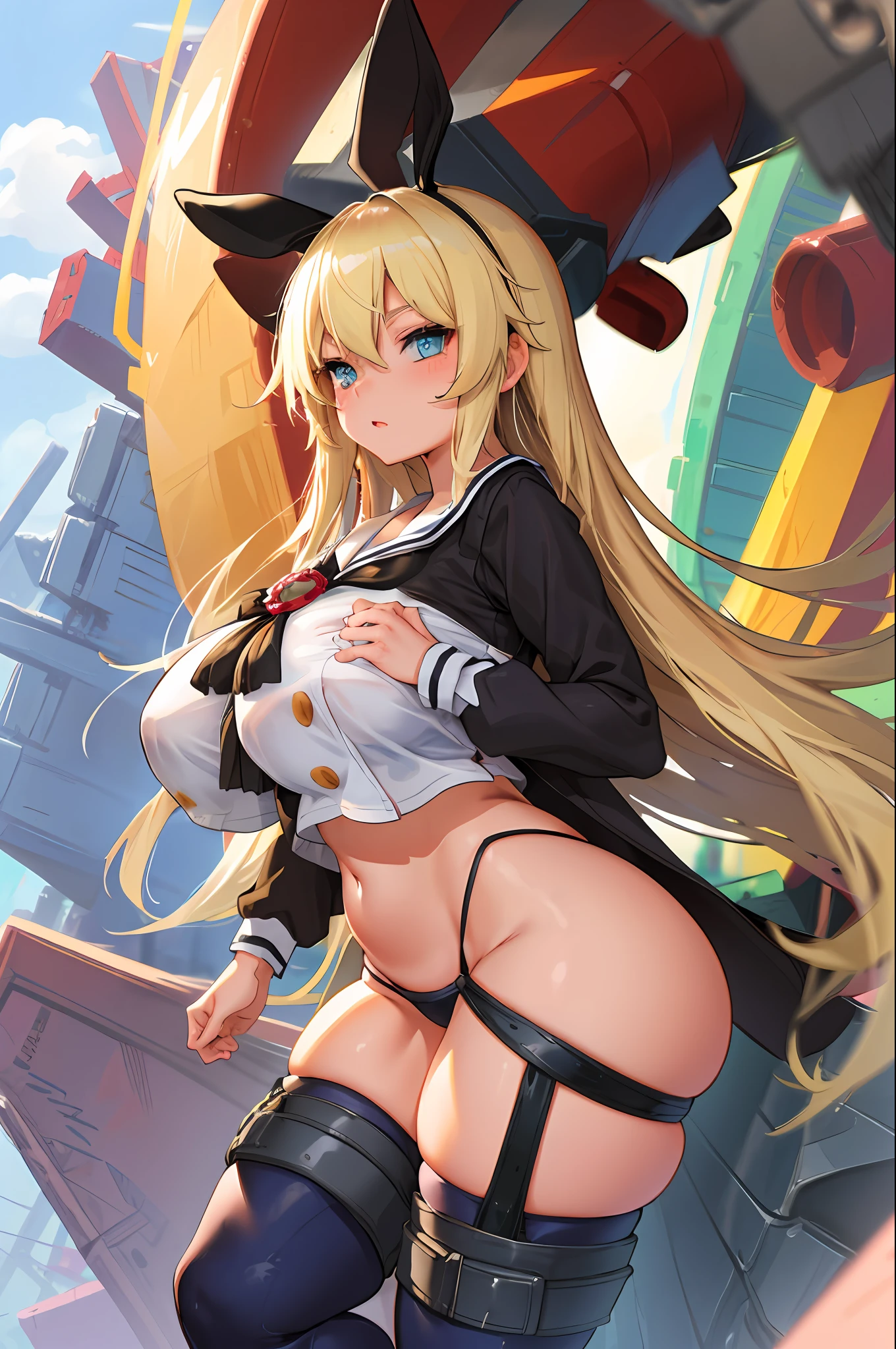 High school girl, sailor uniform, black legging pants, thick thighs, super wide hips, gigantic tits, big ass, blonde hair, blue eyes.