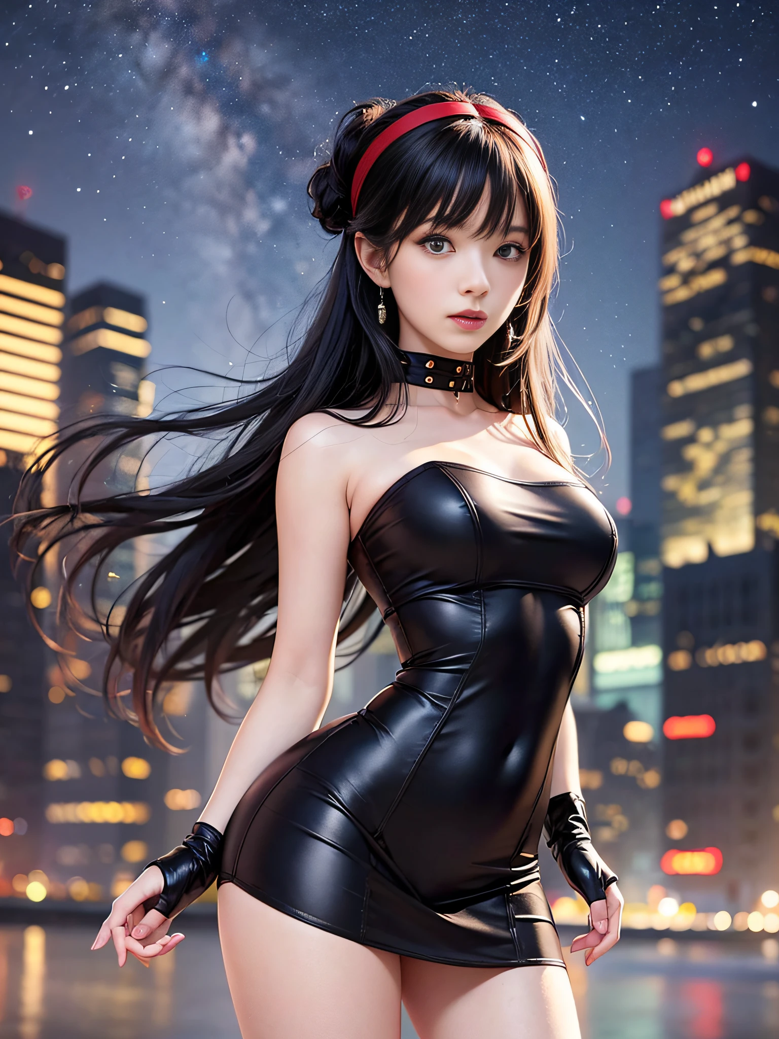 Detail photo of Yor Forger, real, masterpiece, top quality, slim body line, cute face, black strapless dress, tight skirt, futuristic city, night sky, smooth creamy skin, red eyes, chest, long black hair tied with hair band, standing, hands folded behind the head, 8K, beautiful gradient, depth of field