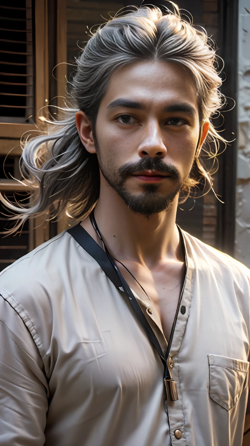 Best quality, masterpiece, ultra high res, (photorealistic:1.4), raw photo, young handsome male, facial hair, silver hair, long hair tied back