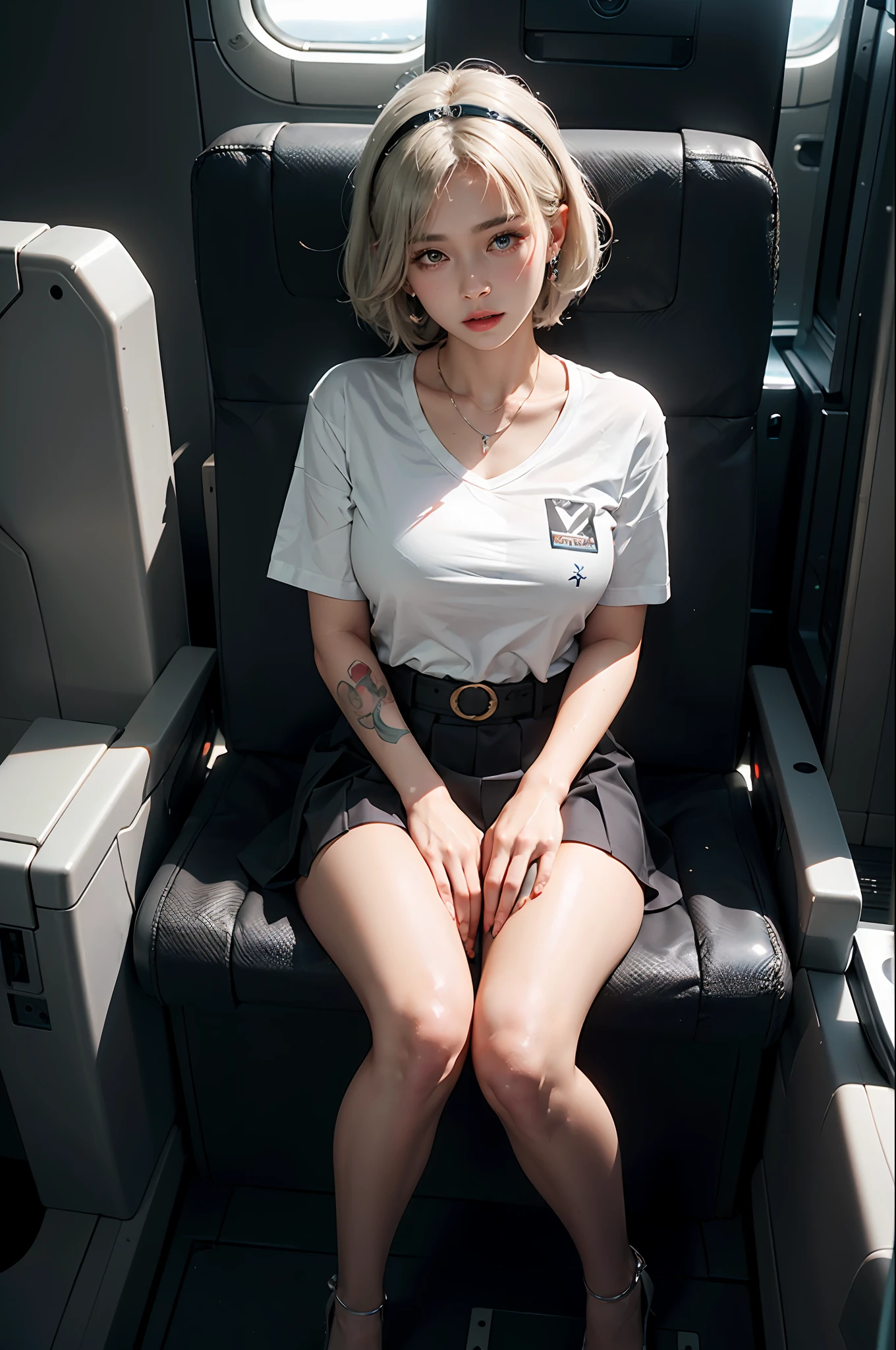 A girl in an airplane cabin with toilet paper, (toilet paper: 1.4), (aircraft cabin: 1.4), (sitting: 1.4), (thick body: 1.4), (white long hair: 1.4), green eyes, red face, slightly open lips, wet body, face and mouth with obviously translucent white liquid, plump and symmetrical breasts, bulging buttocks, sports shirt, black-gray pleated skirt, black suspender stockings, silver high heels, white-blonde hair, short hair, various hairstyles, headdresses, earrings, necklaces, Belt, Tattoo, Cabin, Aircraft interior background, Chest close-up, Buttock close-up, Water drop effect, Liquid effect, HDR (High Dynamic Range), Ray tracing, NVIDIA RTX, Super Resolution, Unreal 5, Subsurface Scattering, PBR Textures, Post Processing, Anisotropic Filtering, Depth of Field ,Maximum Sharpness and Sharpness, Multi-layer Textures, Albedo and Highlight Maps, Surface Shading, Accurate Simulation of Light-Material Interactions, Octane Rendering, Twotone Lighting, Low ISO, White Balance, Rule of Thirds, Large aperture, 8K RAW, High efficiency sub-pixel, Sub-pixel convolution, (Glow particles: 1.4), {{Masterpiece, Best Quality, Extremely detailed CG, Unity 8k wallpaper, 3D, cinematic lighting, lens flare}},