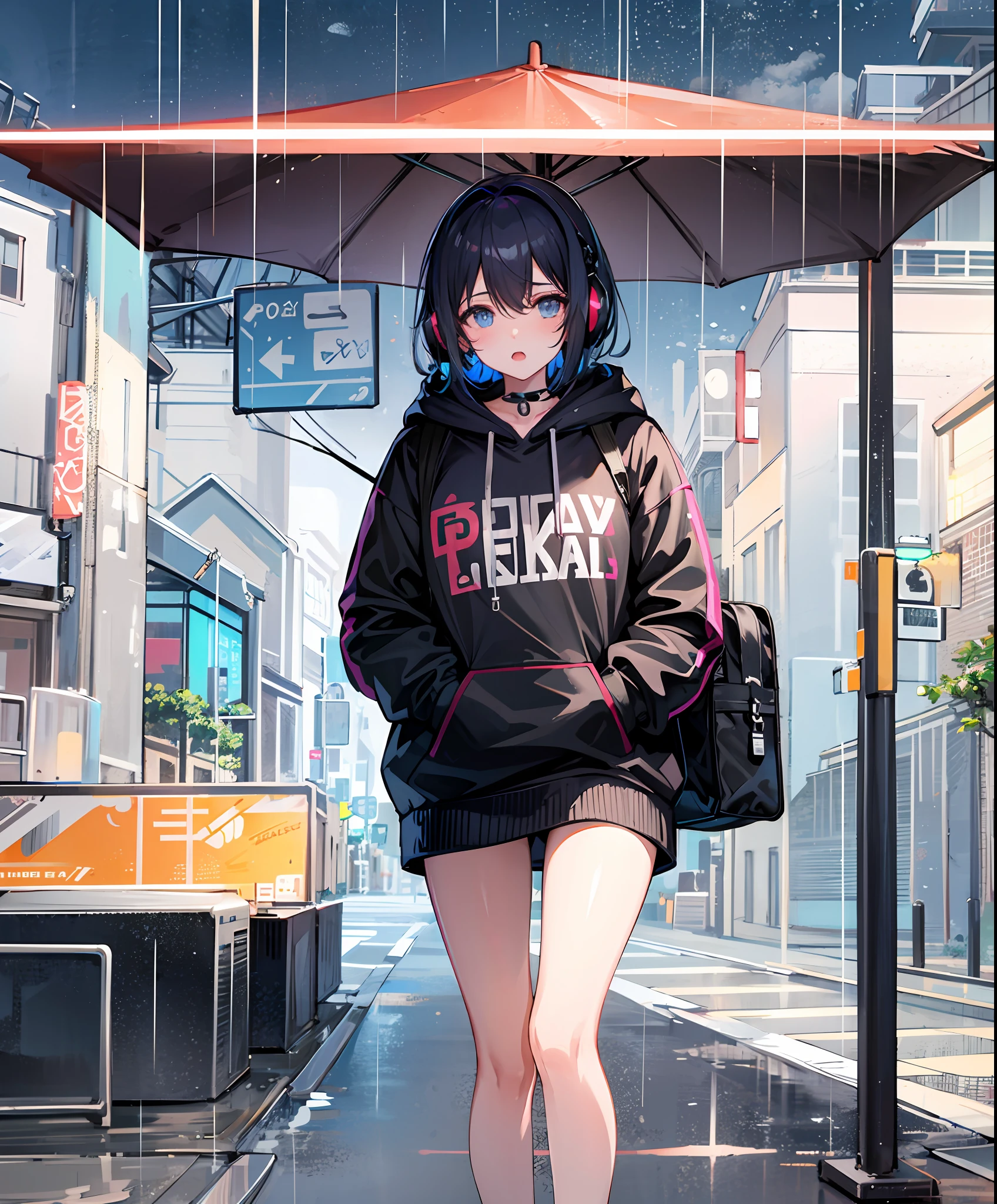 masterpiece, girl alone, solo, incredibly absurd, hoodie, headphones, street, outdoor, rain, neon,