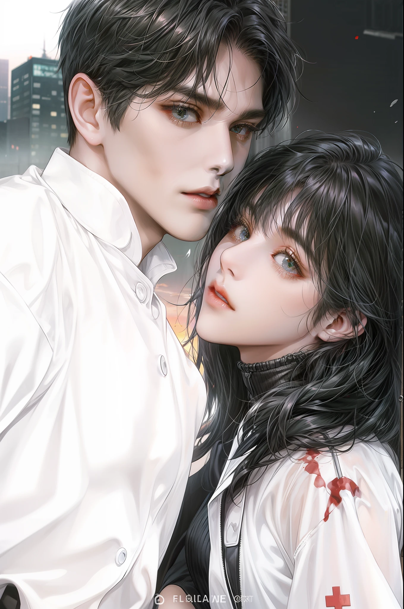 masterpiece, best quality, couple, man and woman, upper body, looking at viewer, pale skin, hair color height difference, skyscraper, sunset, (blood on clothes:0.8), post-apocalypse, first aid, (blood splatter:0.6), Mad Max \(movie\)