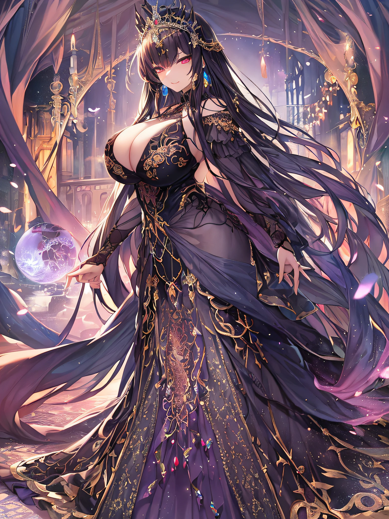 ((anime artstyle)),(Masterpiece),(Best Quality), (Super Detail),Illustration,((Very Delicate and Beautiful)),Focus on character,Dynamic Angle,Looking at viewer,((Solo)),standing,(((full body))),((one evil and cute princess in gorgeous ball gown with voluminous skirt)),detailed face and eyes,(Wicked laugh),jewel-like eyes,((Very Long voluminous Hair)),gorgeous embroidery and lace,See-through,ornate ruffles,Gorgeous jewelry ornaments,luxury hair ornament,luxury and evil tiara with jewels,(gigantic breasts,Long breasts),full body,((evil atmosphere)),full body,((gorgeous and evil ball gown with voluminous skirt))