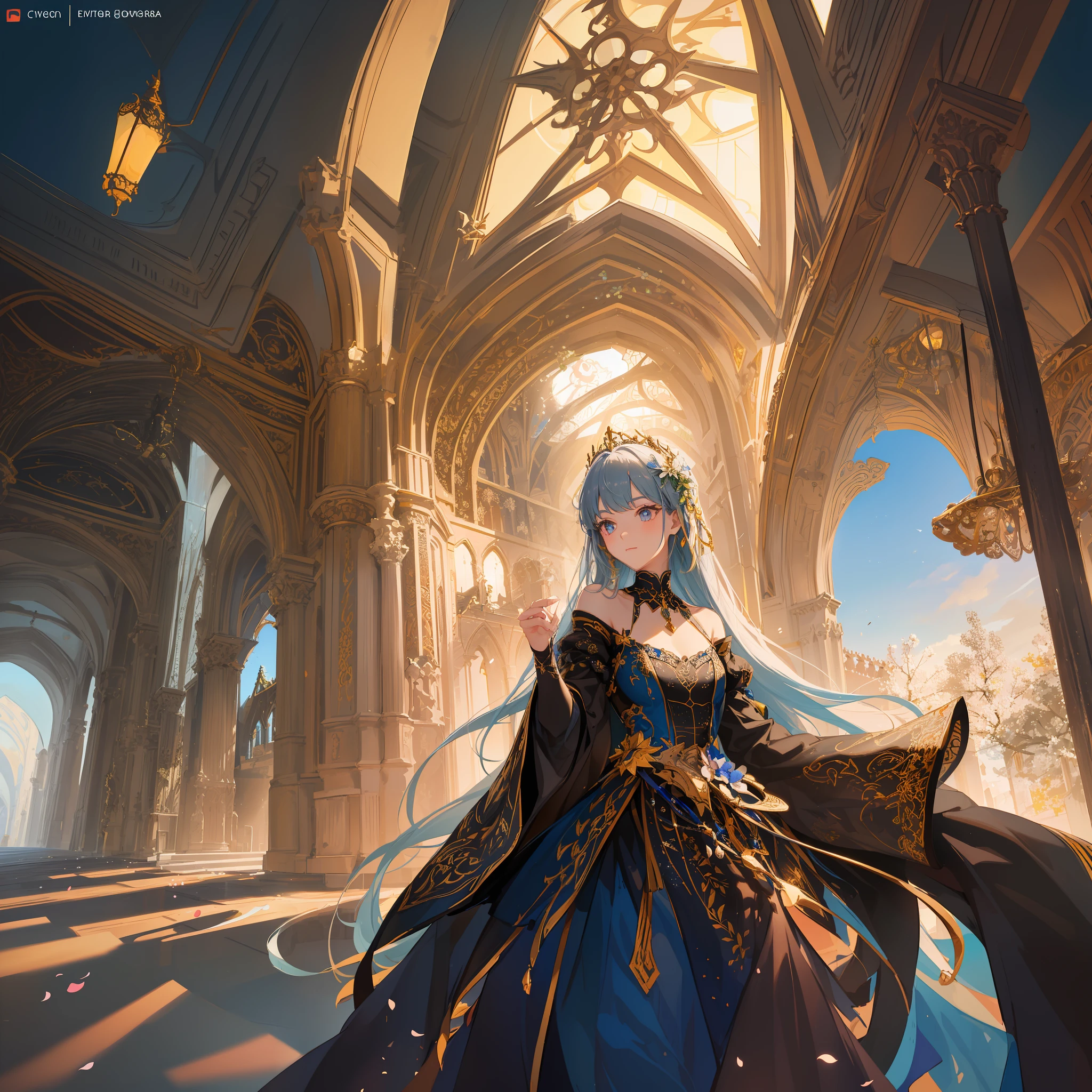 (A beautiful female knight wearing armor of intricate and delicate design is walking in the courtyard of the cathedral, where flowers are in bloom under the moonlight.She has a beautiful face and shining eyes of vivid colors. She wears armor of intricate, delicate and beautiful design. The knight's armor shines faintly in the moonlight. The serene courtyard of the cathedral, adorned with flowers. Detailed drawing. Vivid colors. High image quality