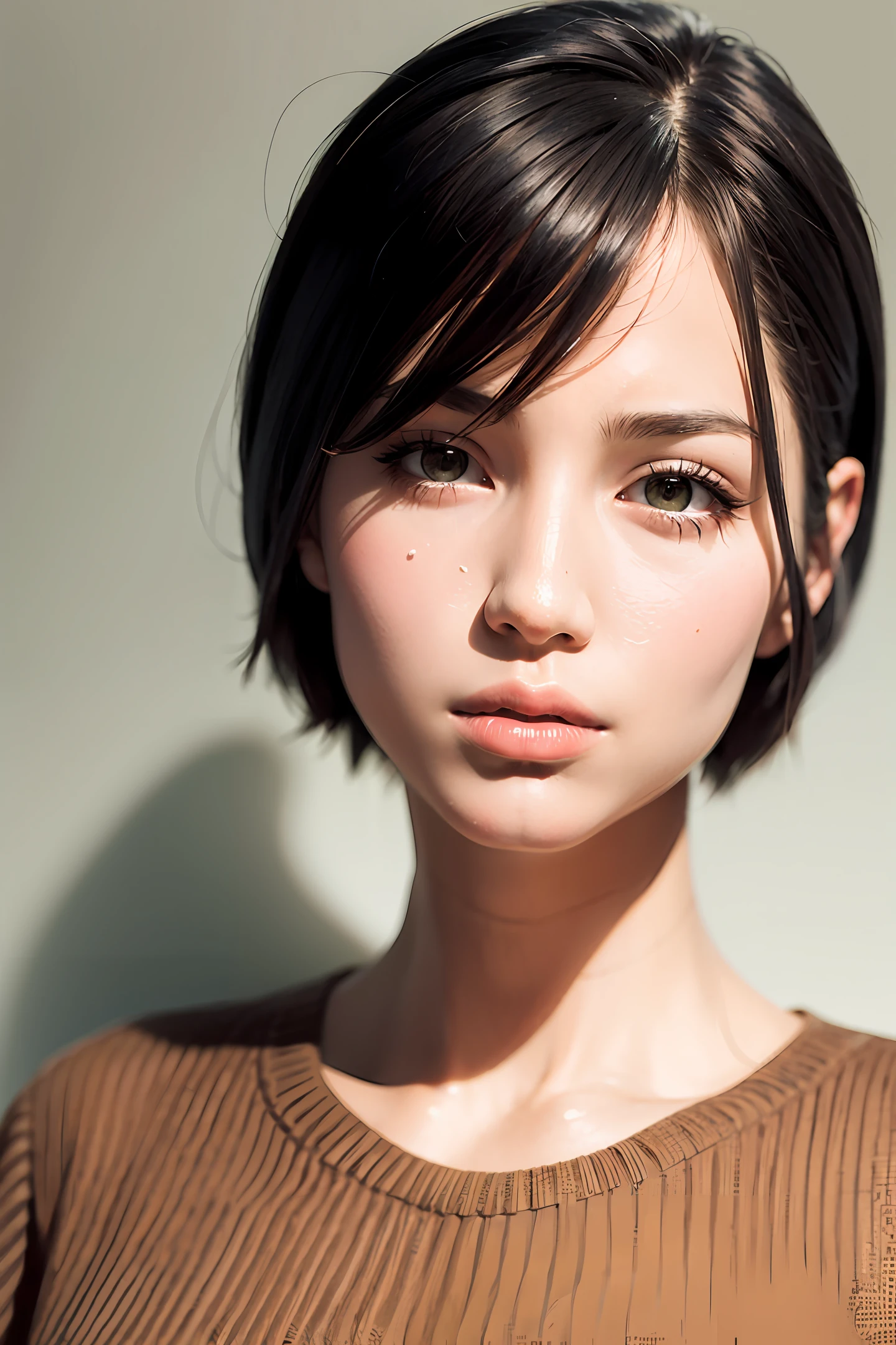 (Masterpiece: 1.3), (8k, Photorealistic, RAW Photo, Best Quality: 1.4), (1girl), Beautiful Face, (Realistic Face), (Black Hair, Short Hair: 1.3), Beautiful Hairstyle, Realistic Eyes, Beautiful Detail Eyes, (Realistic Skin), Beautiful Skin, (Sweater), Absurd, Attractive, Ultra High Definition, Ultra Realistic, High Definition, Golden Ratio, Big, Double Eyelids, On Bed