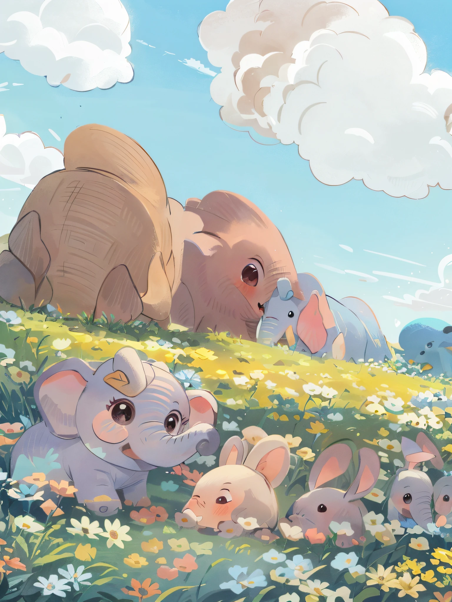 A cute baby elephant and three rabbits in a sea of flowers, with blue sky and white clouds behind them