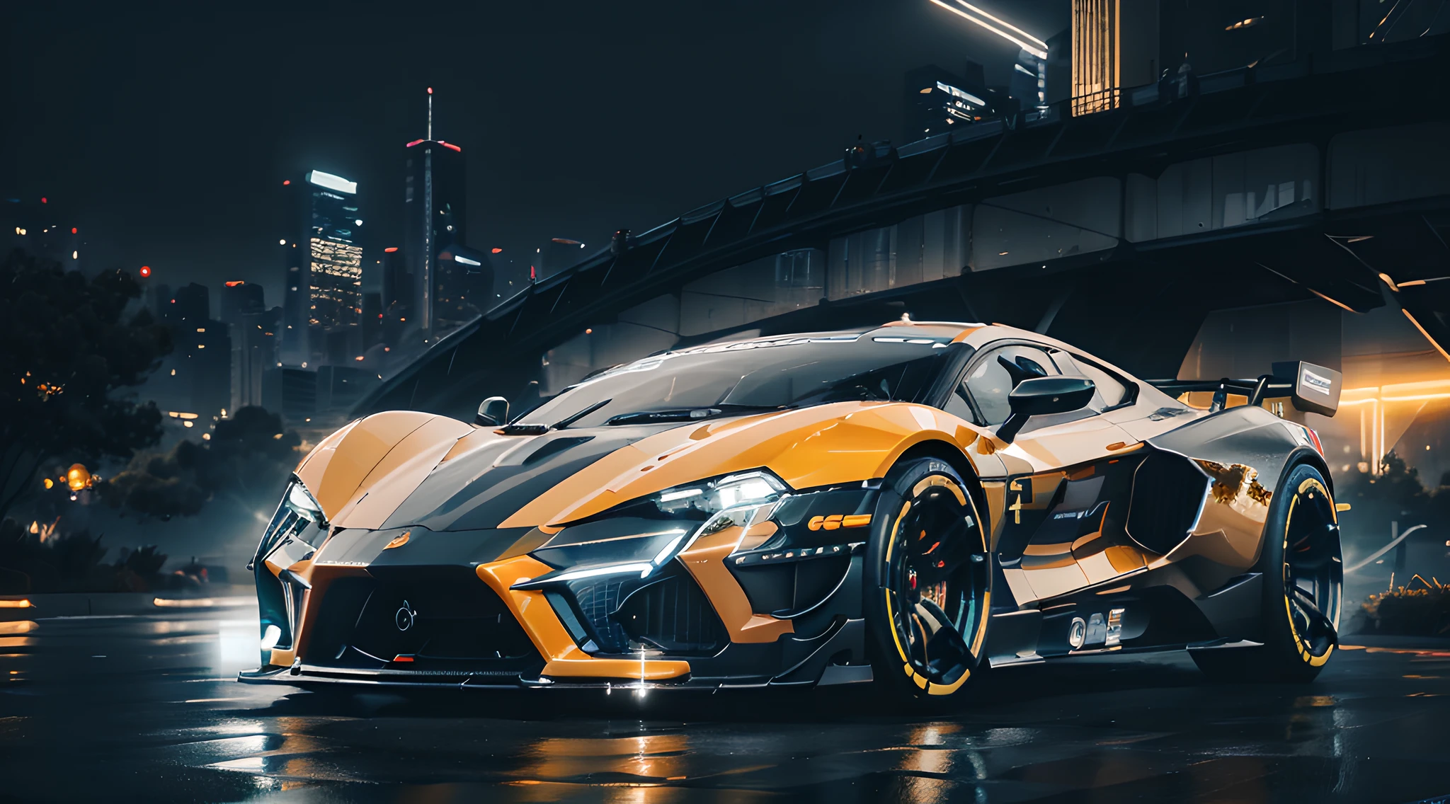 Speed Line Effect: 1.5, capturing the extraordinary and highly detailed artwork of futuristic cyber-age racing. The car has a sleek and futuristic design with a metallic finish that shows intricate lines and is decorated with vibrant neon lights. The tires emit a charming blue electric glow, which increases the dynamic energy of the scene: 1.5. The race car seems to be speeding through the cityscape at night: 1.5, buildings and skyscrapers are illuminated by dazzling lights. This high-definition masterpiece is reminiscent of the best works of art by visionary artists such as Syd Mead, Daniel Simon and Scott Robertson, ((best quality)), ((ultra-detailed))), (masterpiece)), wallpaper