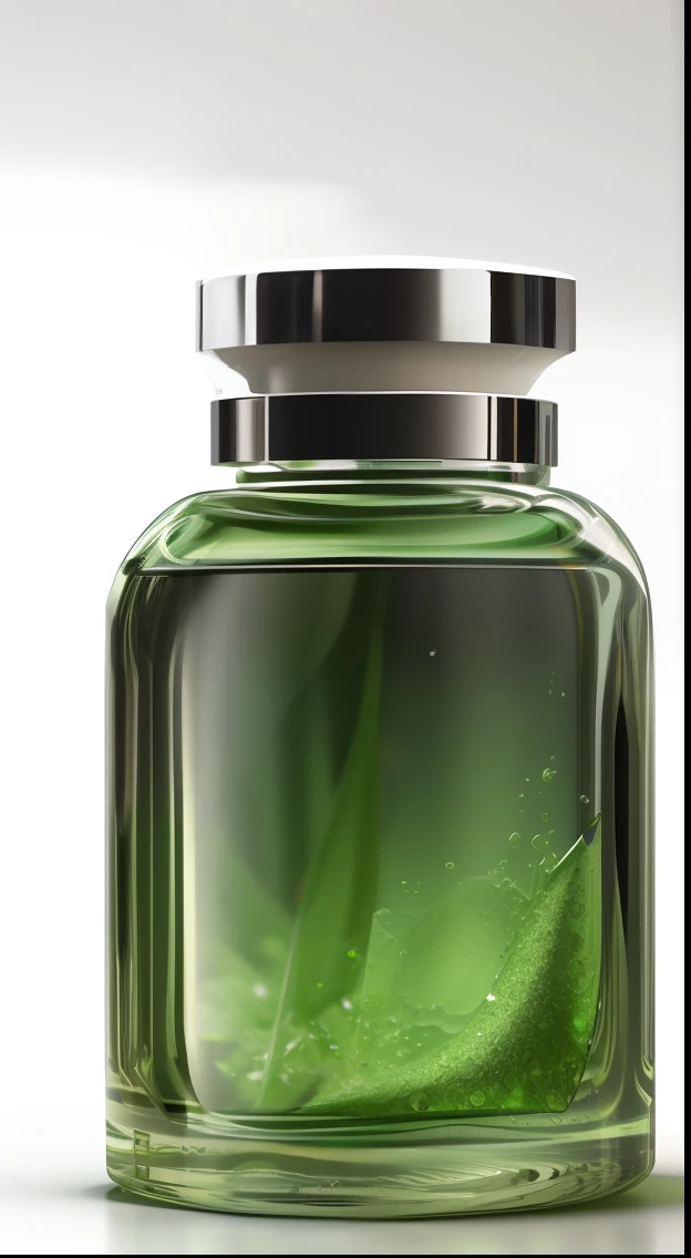 Close up of bottle of perfume with white lid, white lid spiral shape green perfume bottle, picture smooth 3D, smooth 3D illustration, rendering, high quality local rendering, 3D product rendering, super realistic 3D rendering, super realistic real picture.